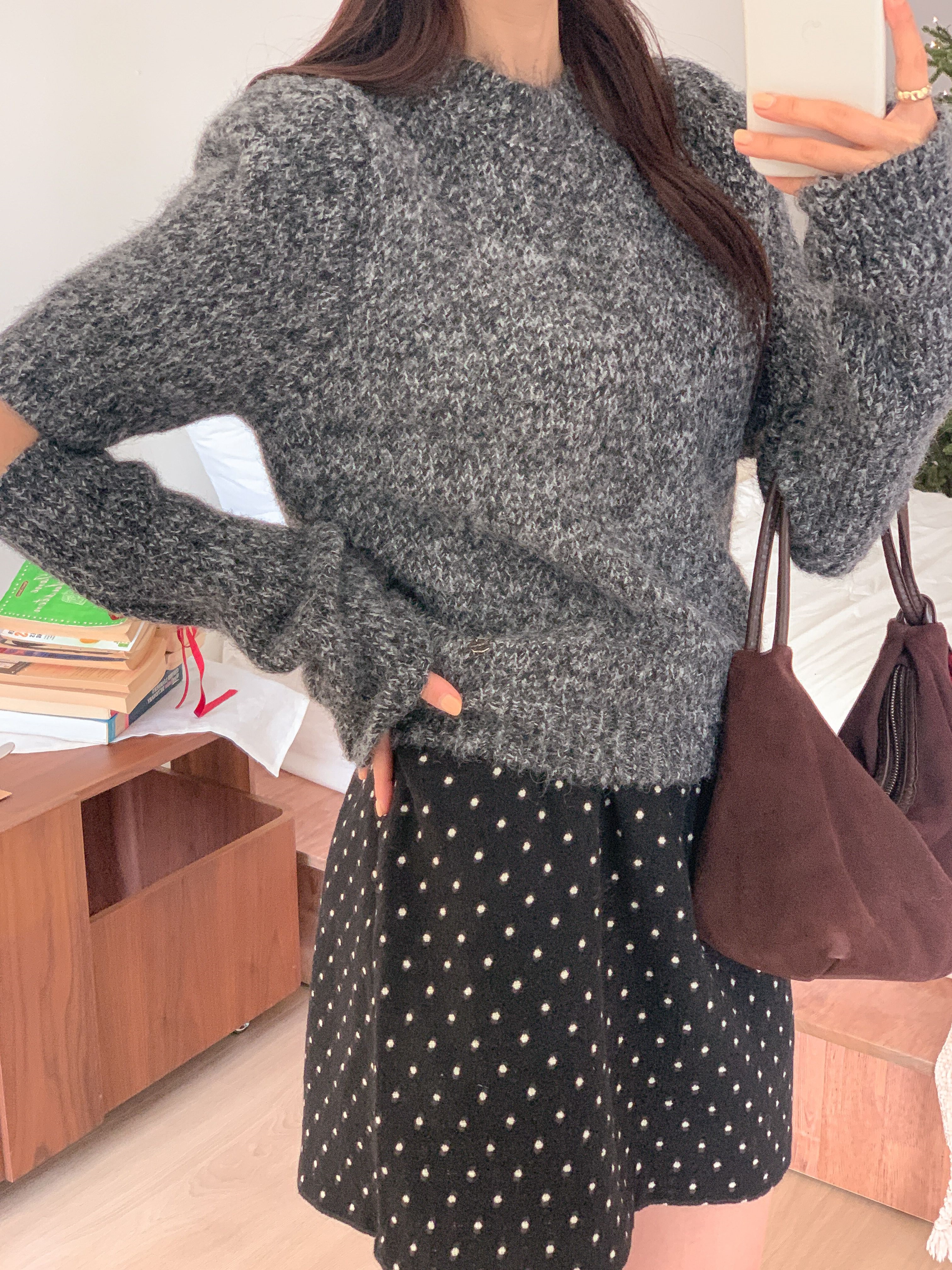 ウール混ラウンドネック半袖無地カラーニットアームウォーマー付 | 詳細画像8