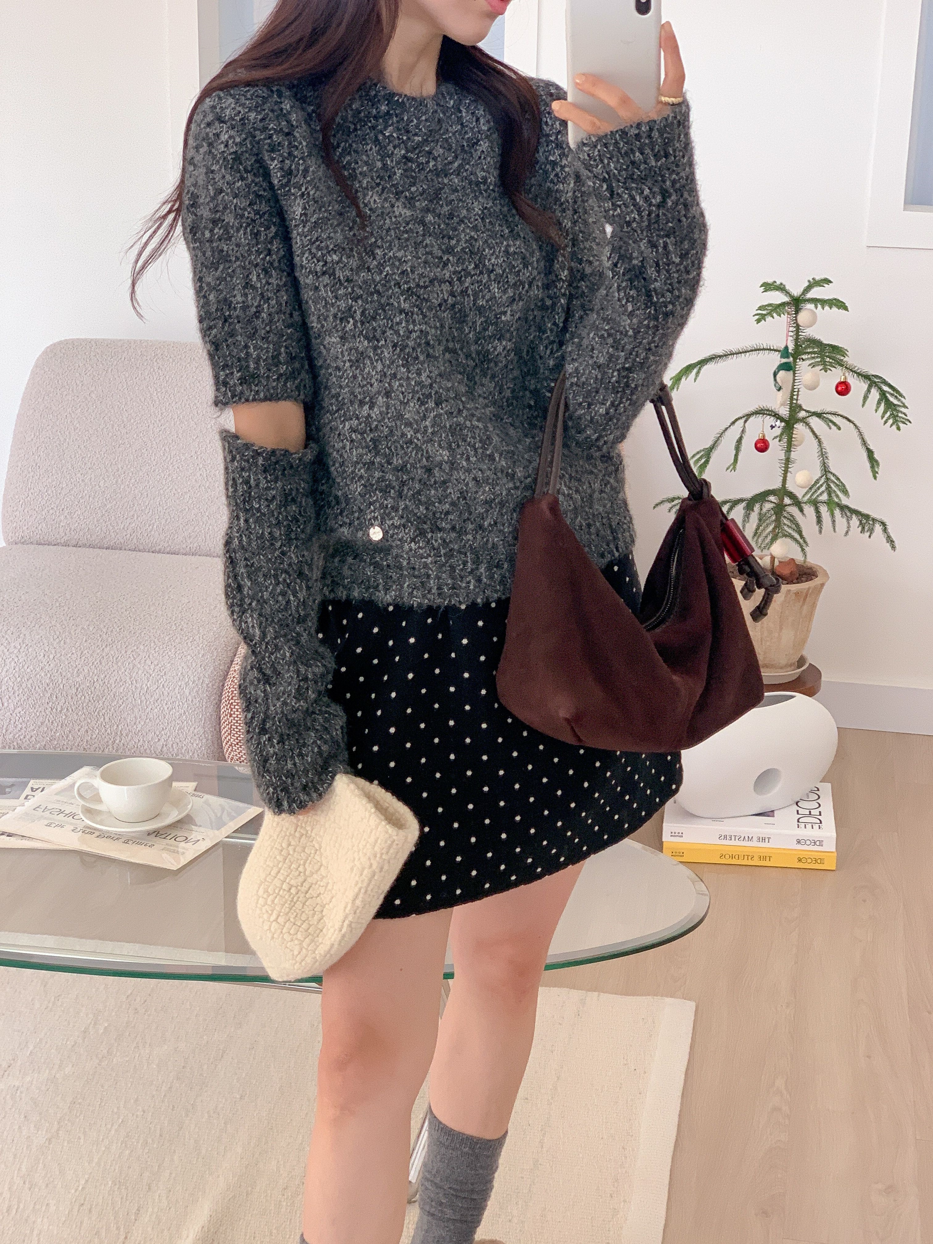 ウール混ラウンドネック半袖無地カラーニットアームウォーマー付 | 詳細画像9