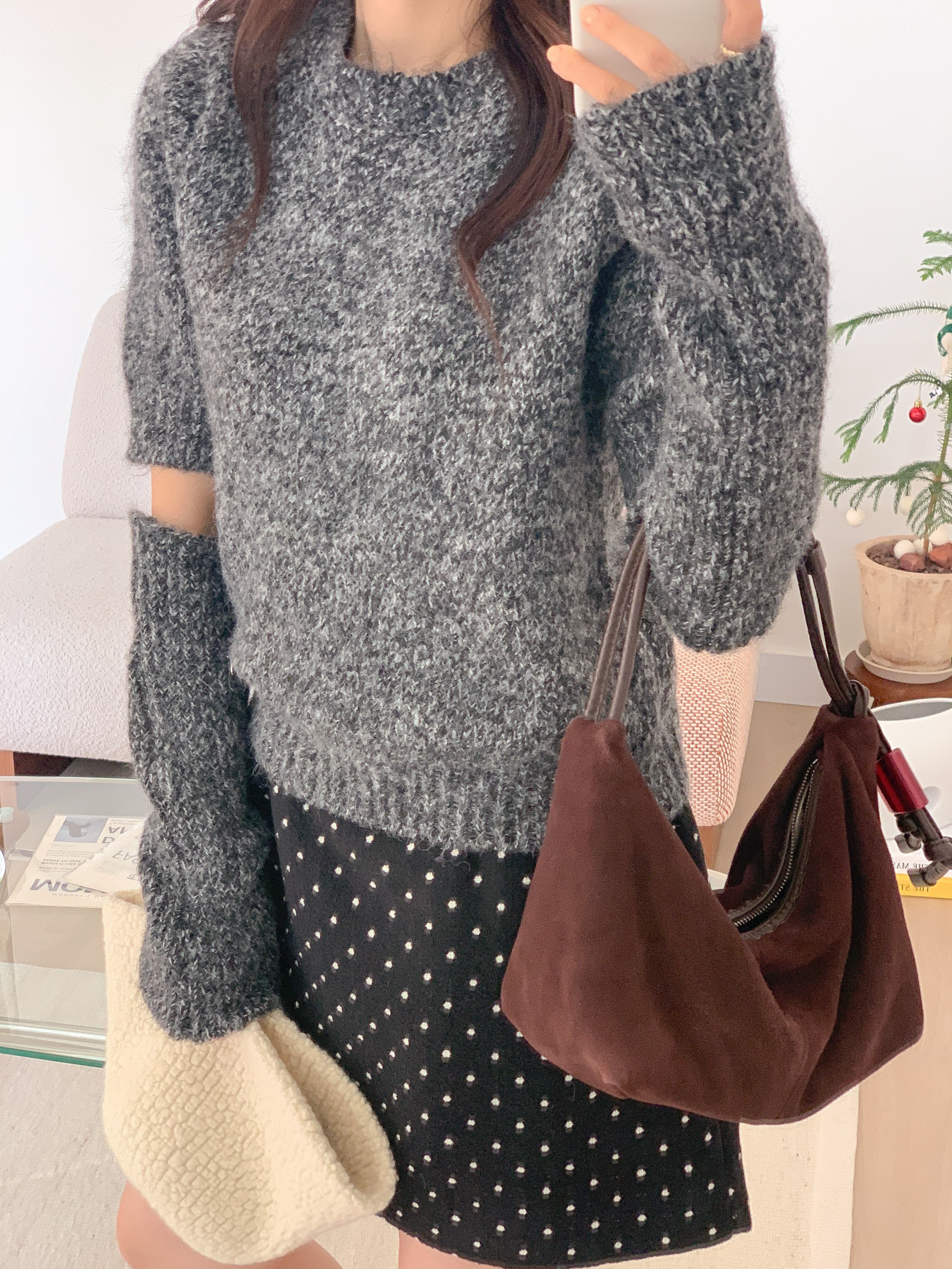 ウール混ラウンドネック半袖無地カラーニットアームウォーマー付 | 詳細画像12