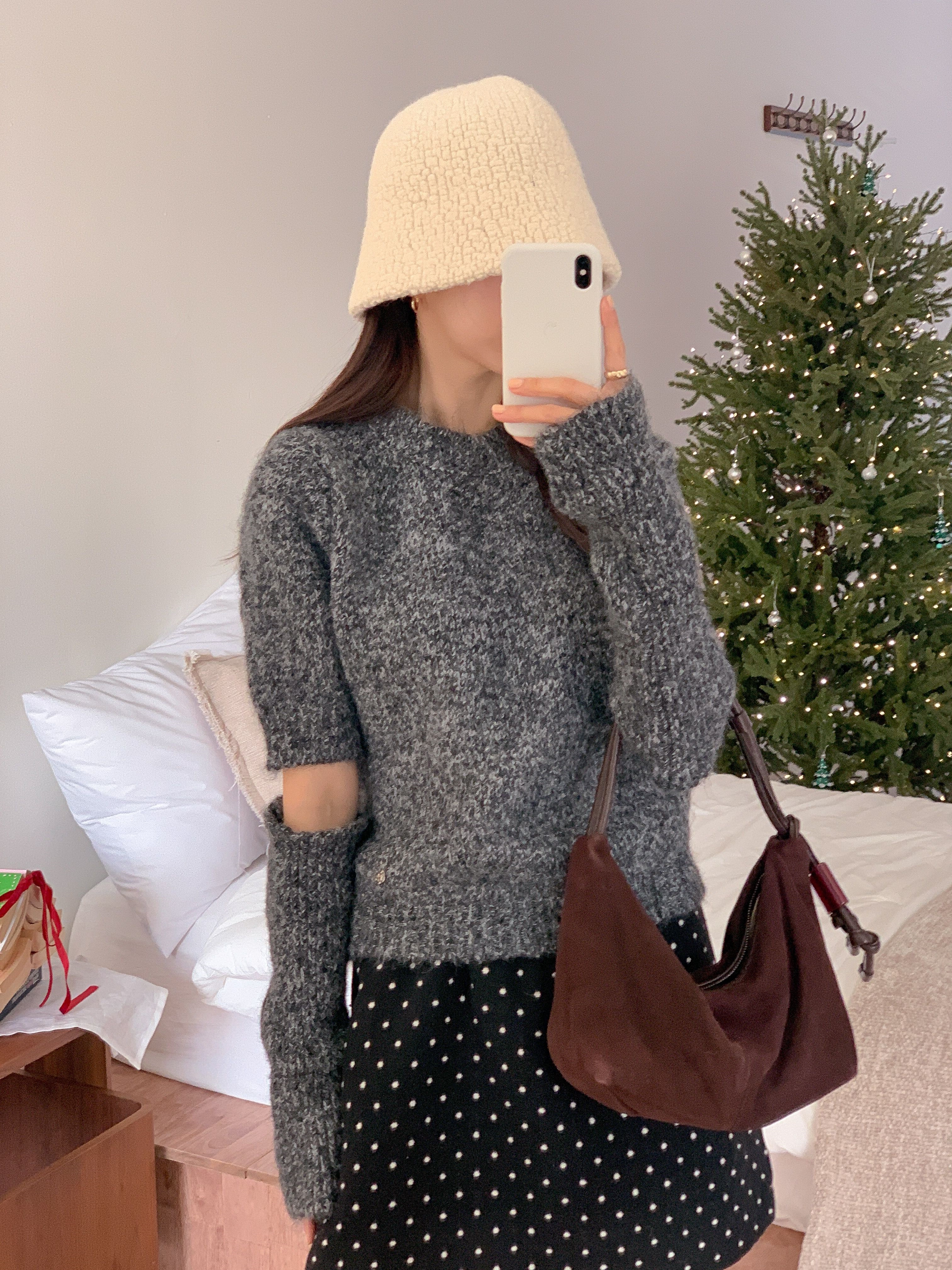 ウール混ラウンドネック半袖無地カラーニットアームウォーマー付 | 詳細画像13