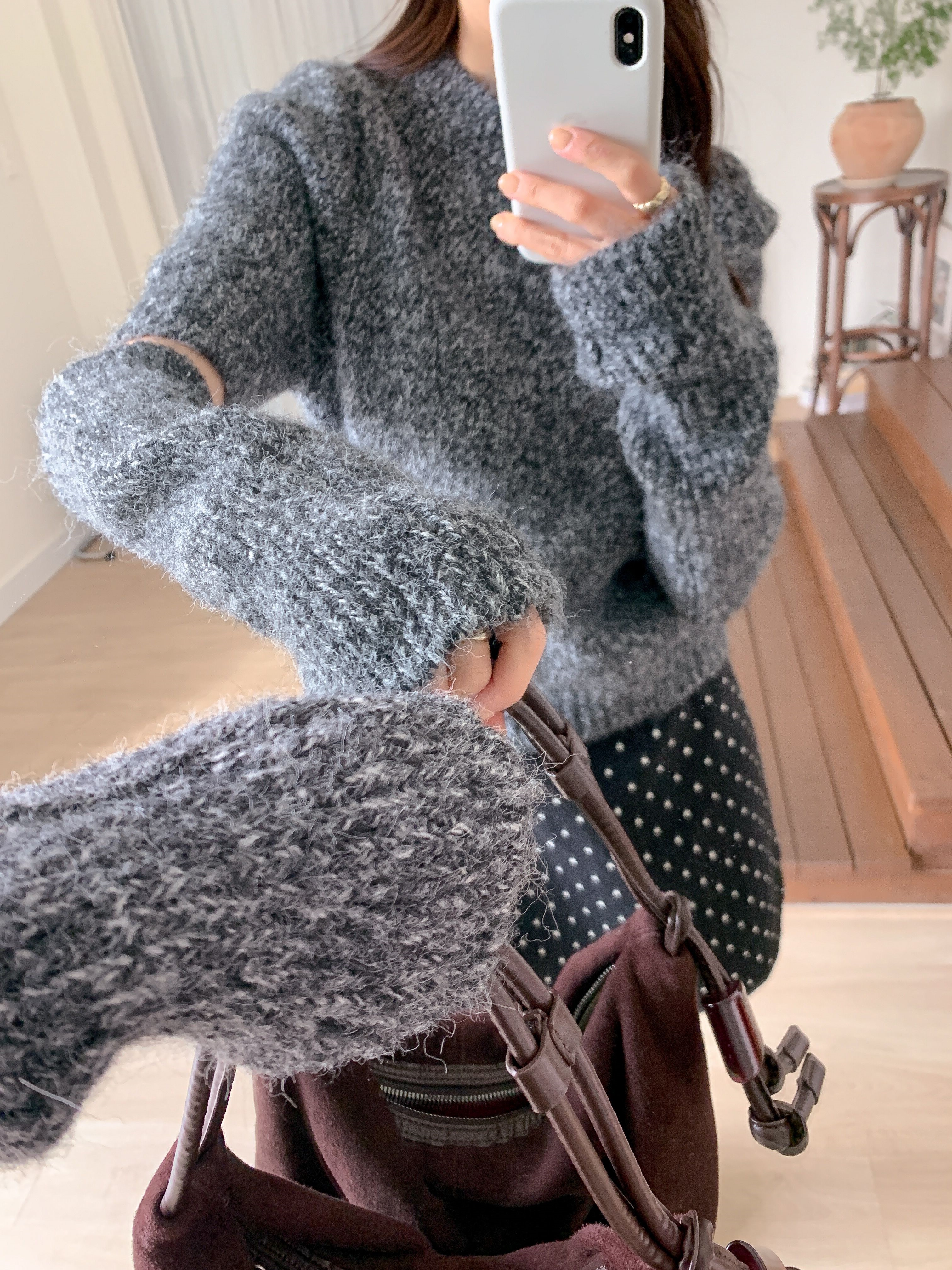 ウール混ラウンドネック半袖無地カラーニットアームウォーマー付 | 詳細画像20