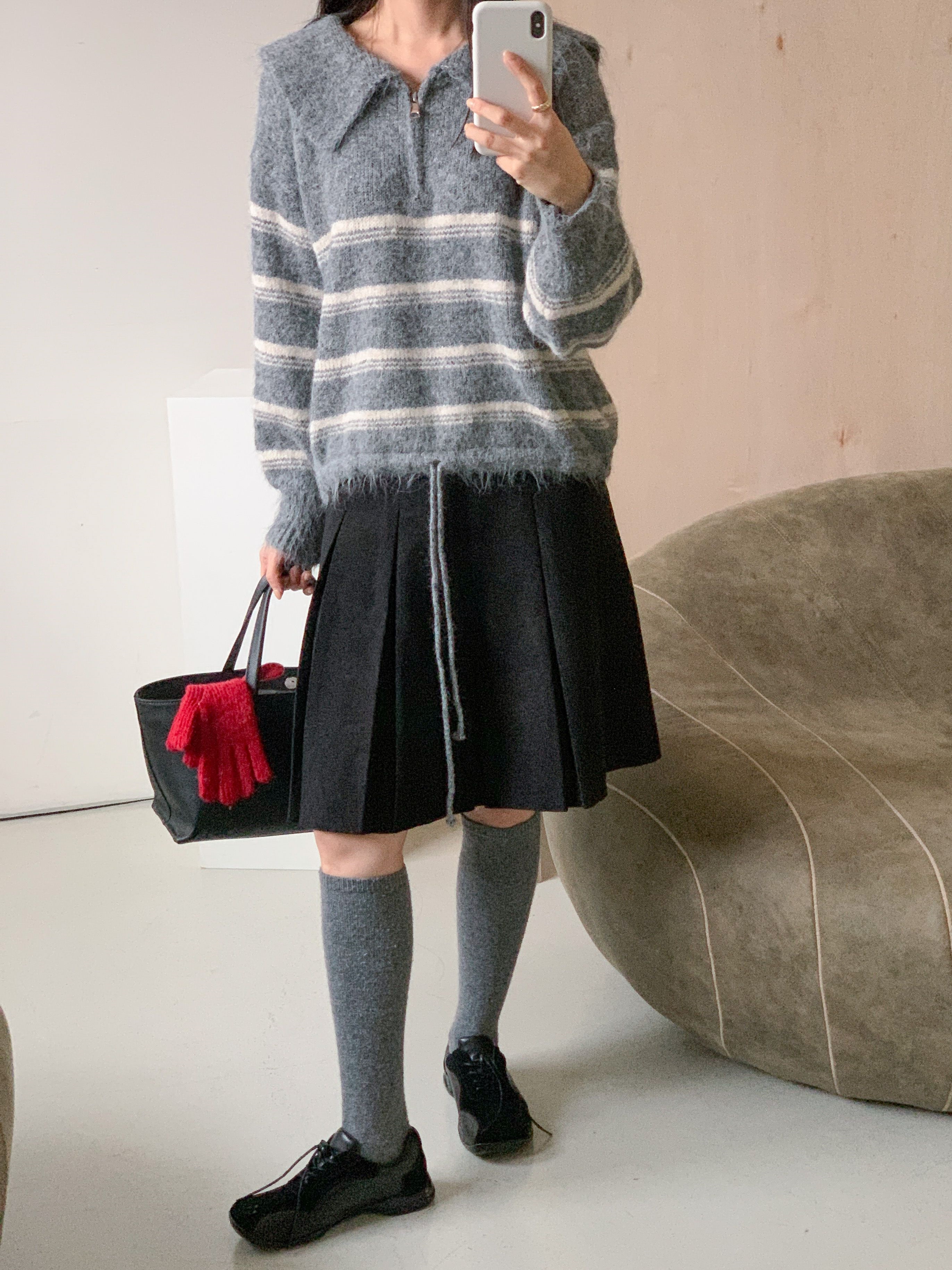 ウール混ハーフジップセーラーカラードローストリングボーダーカラーニット | 詳細画像4