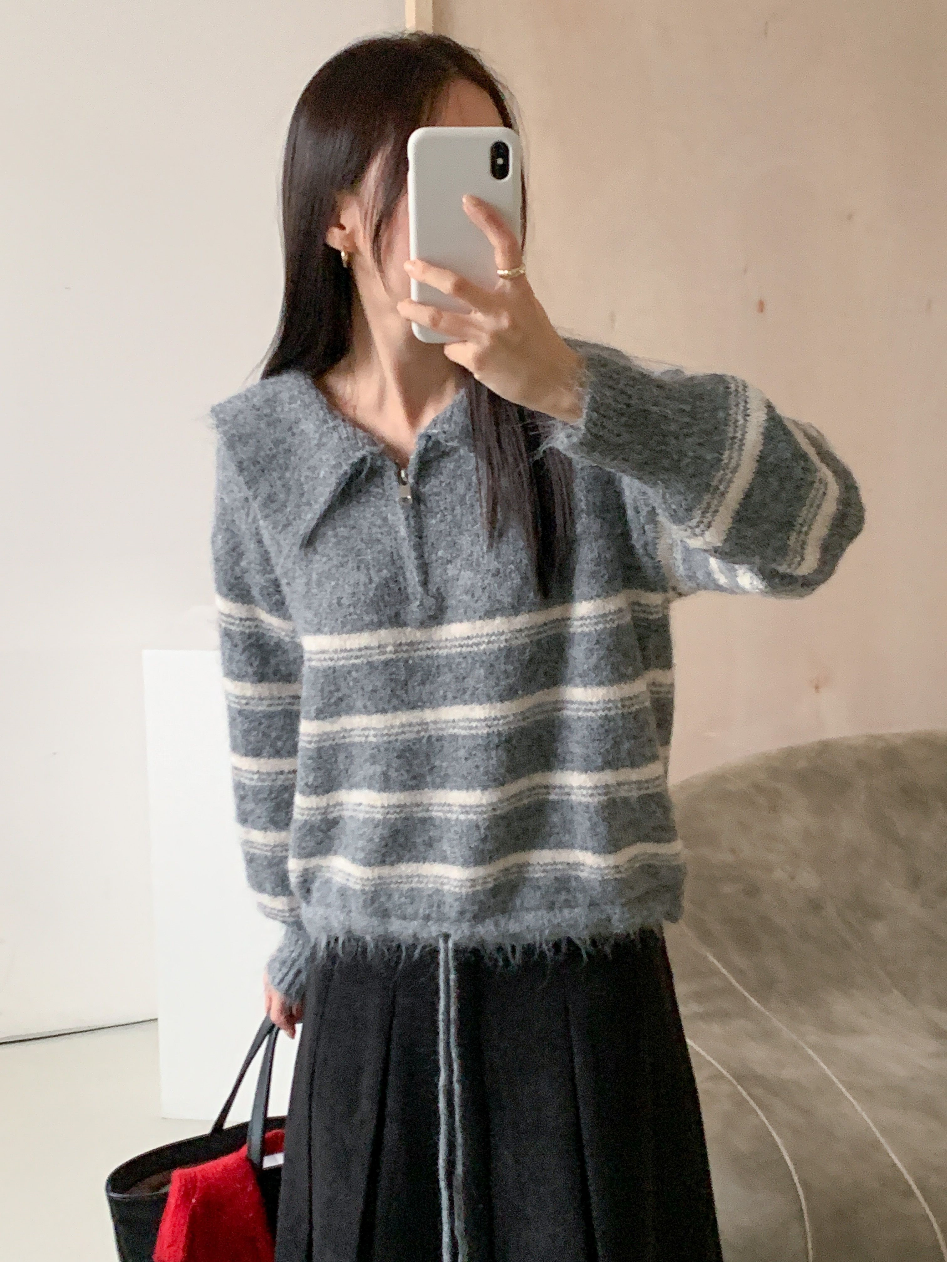 ウール混ハーフジップセーラーカラードローストリングボーダーカラーニット | 詳細画像7