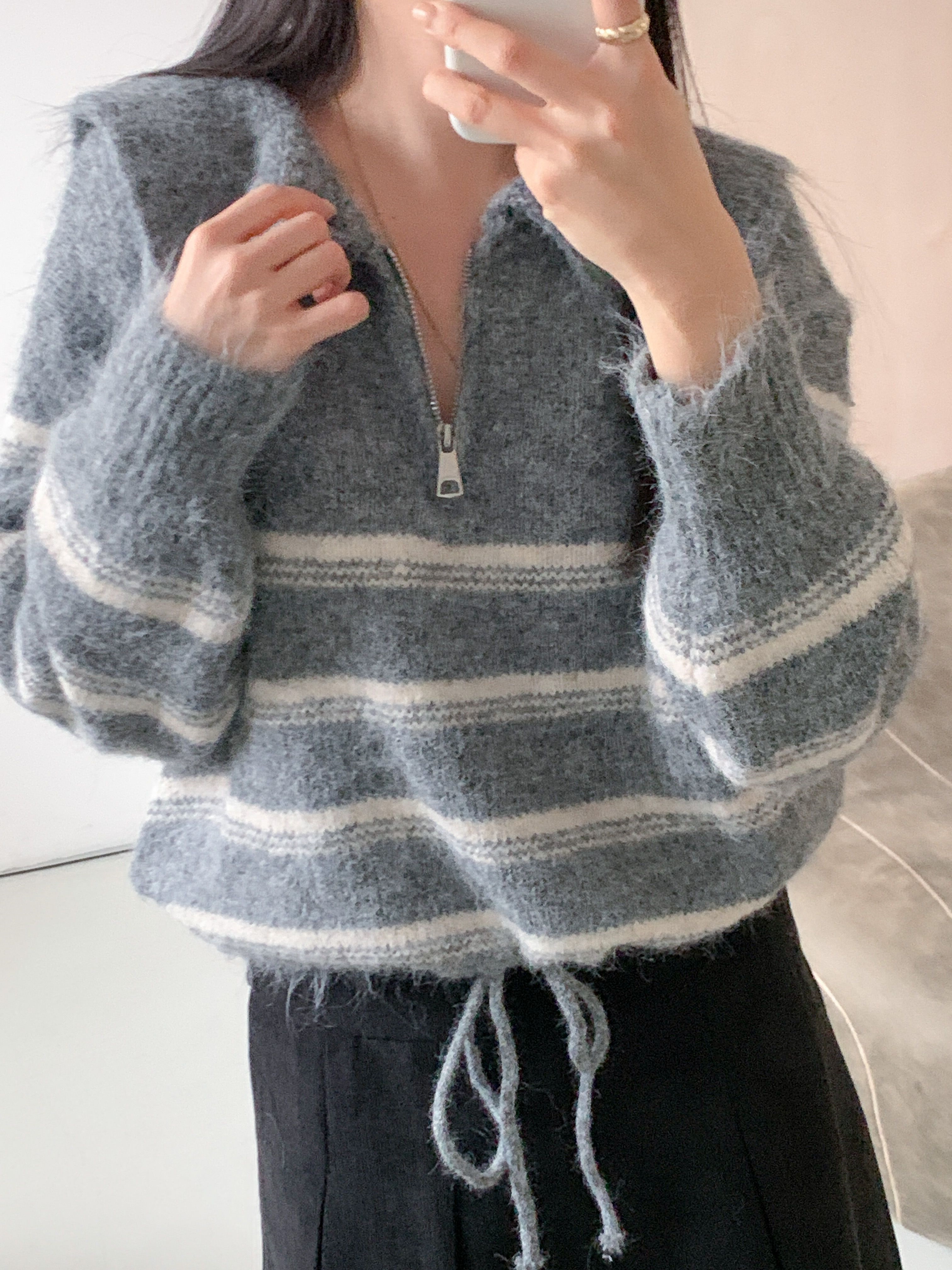 ウール混ハーフジップセーラーカラードローストリングボーダーカラーニット | 詳細画像8