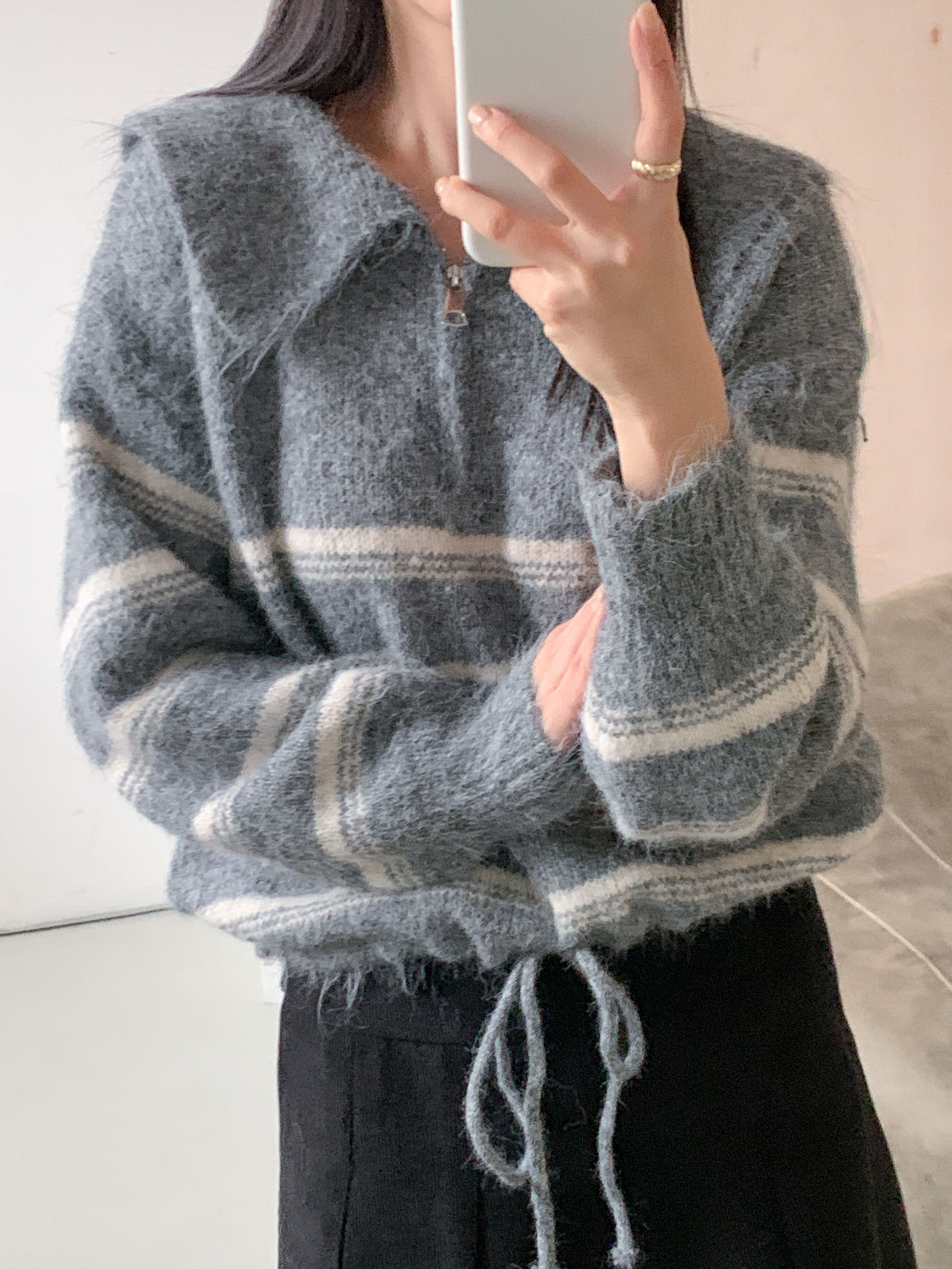 ウール混ハーフジップセーラーカラードローストリングボーダーカラーニット | 詳細画像10