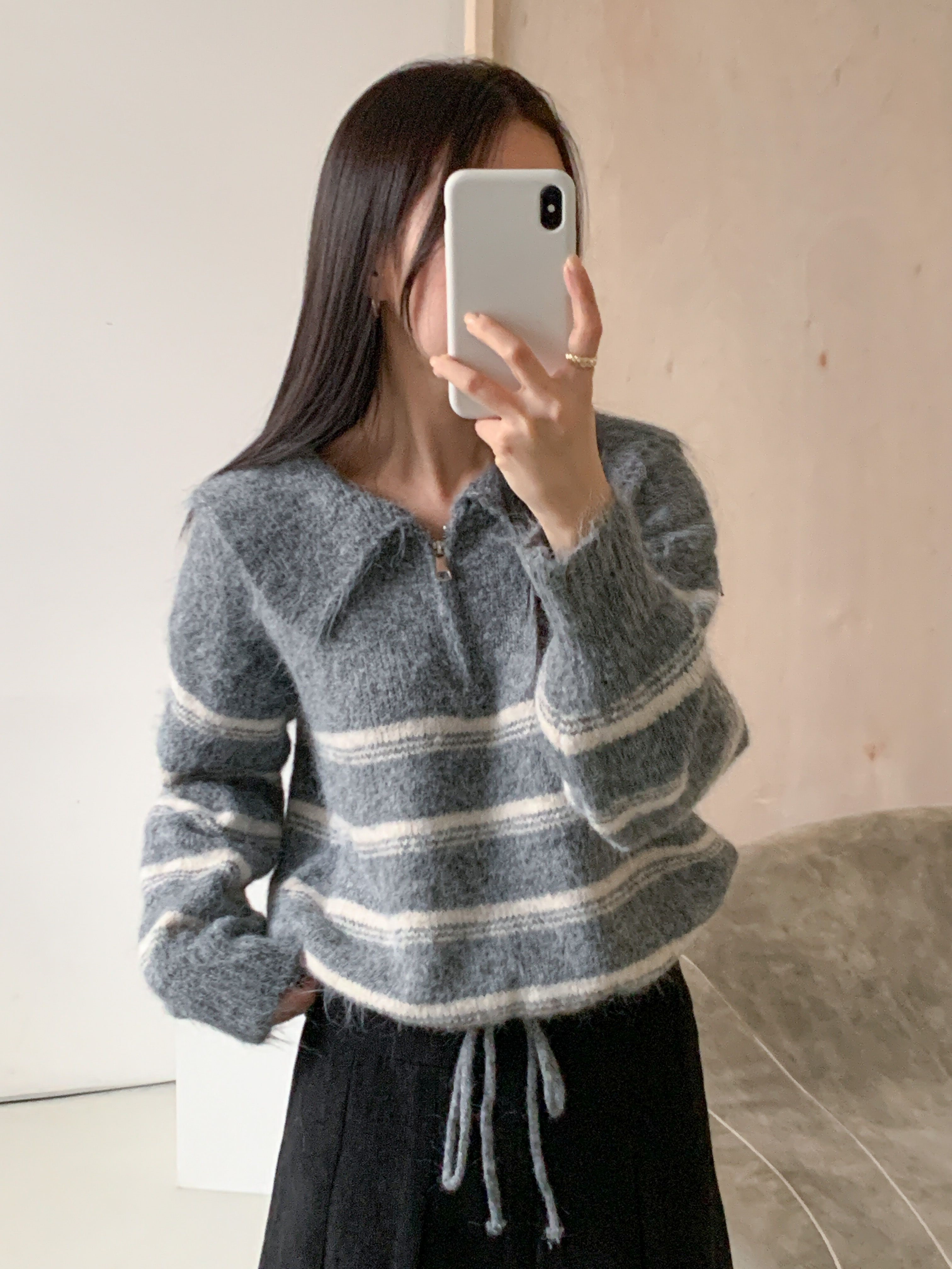 ウール混ハーフジップセーラーカラードローストリングボーダーカラーニット | 詳細画像11