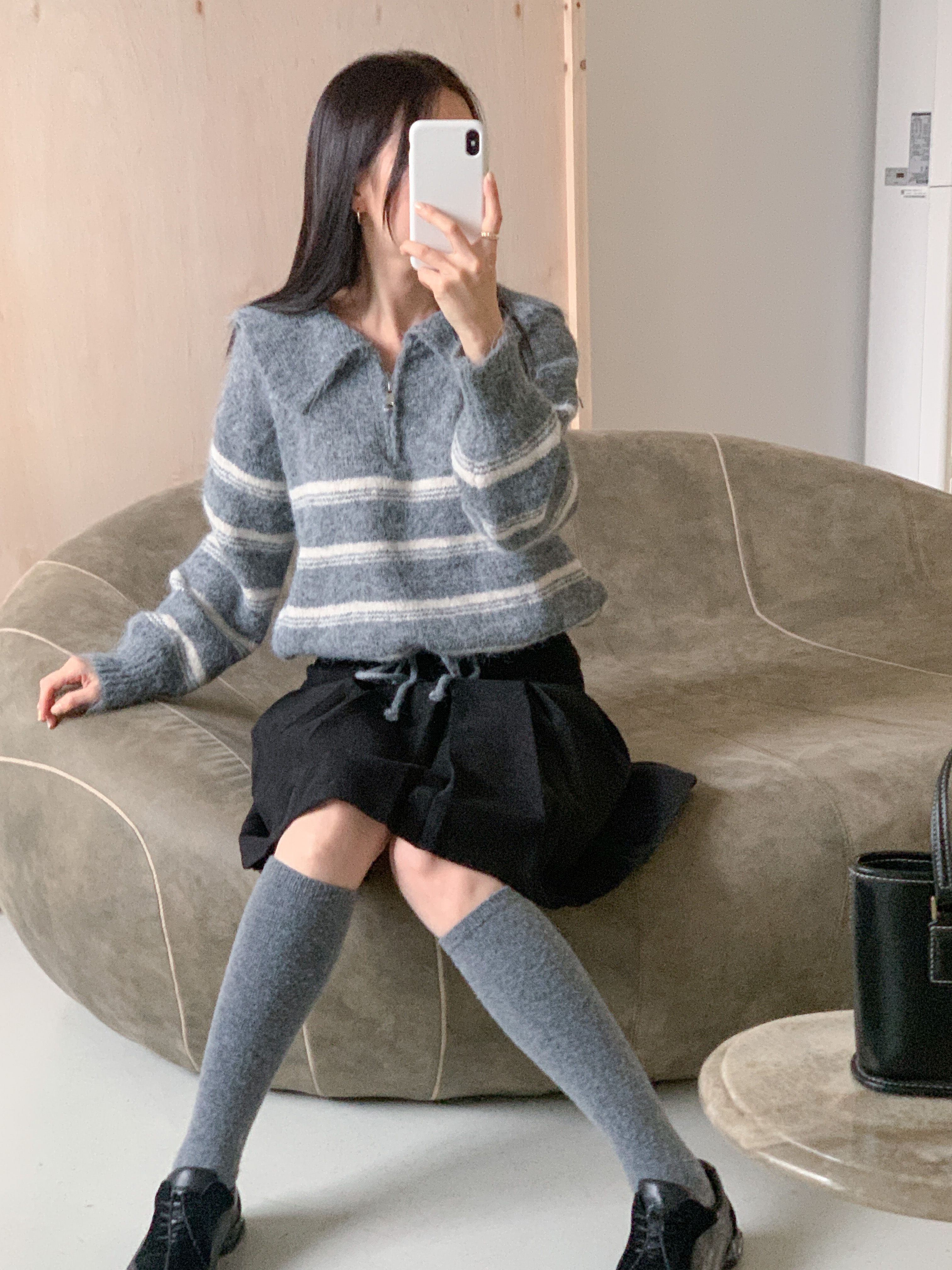 ウール混ハーフジップセーラーカラードローストリングボーダーカラーニット | 詳細画像13