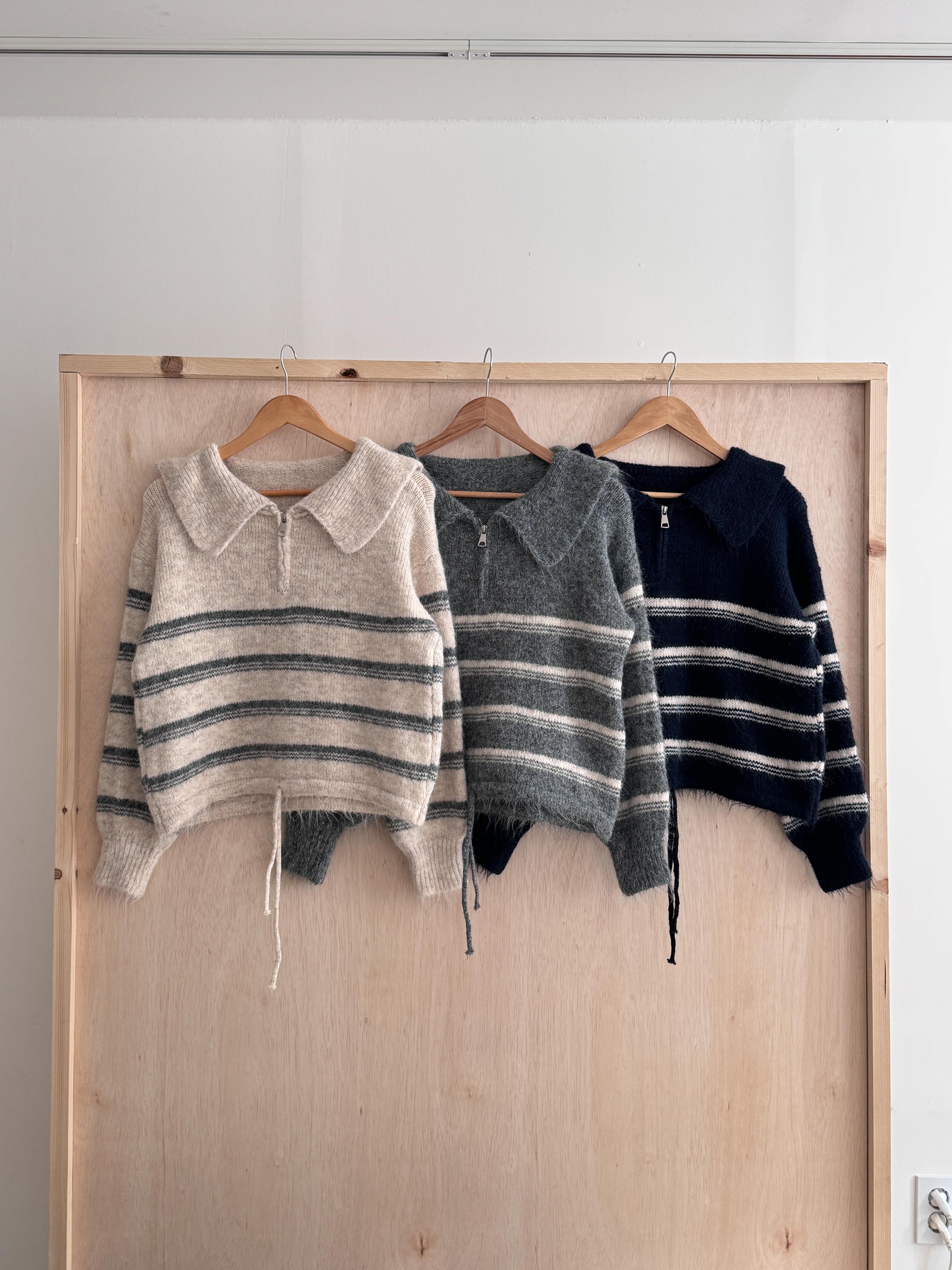 ウール混ハーフジップセーラーカラードローストリングボーダーカラーニット | 詳細画像14