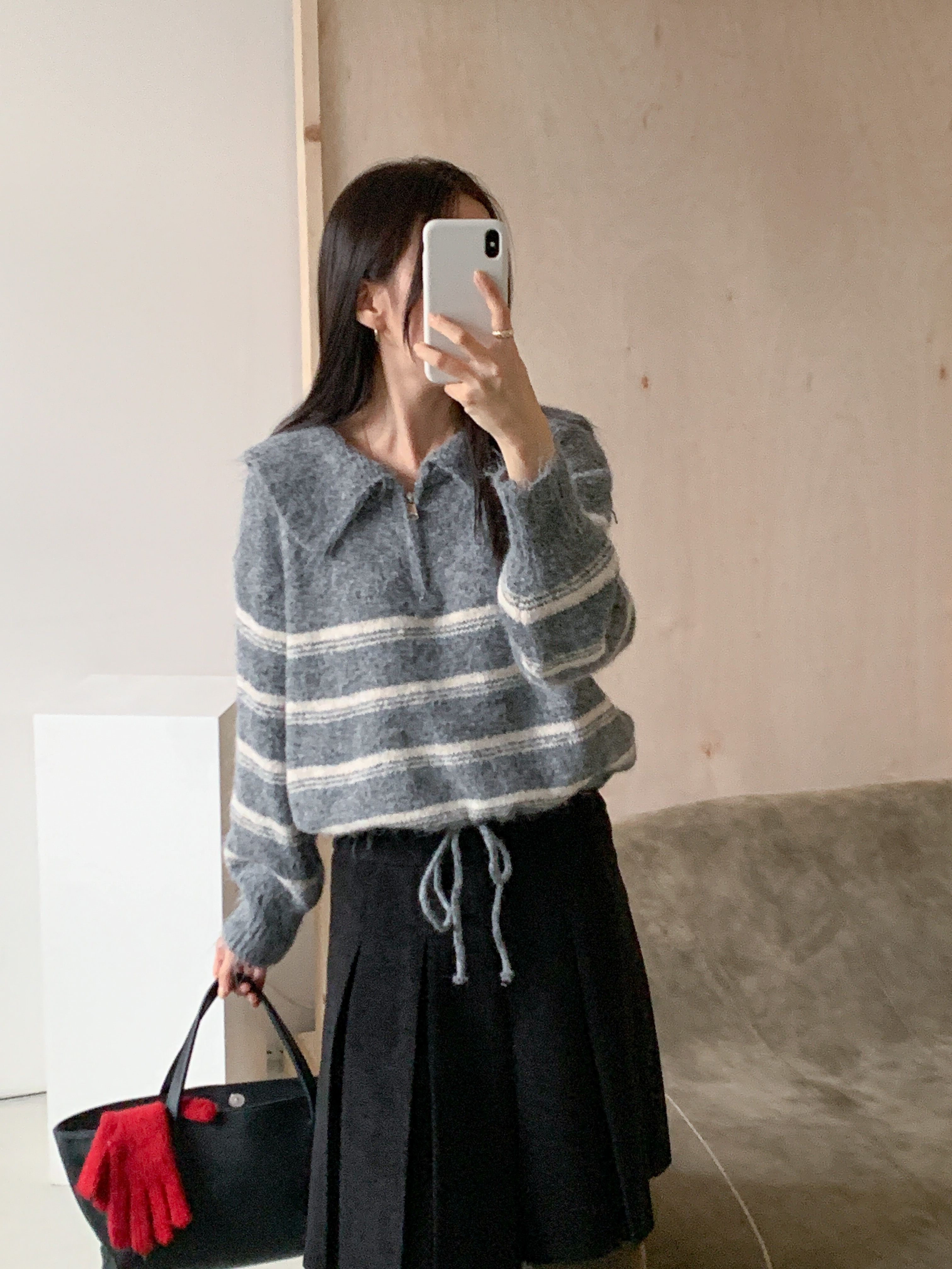 ウール混ハーフジップセーラーカラードローストリングボーダーカラーニット | 詳細画像19