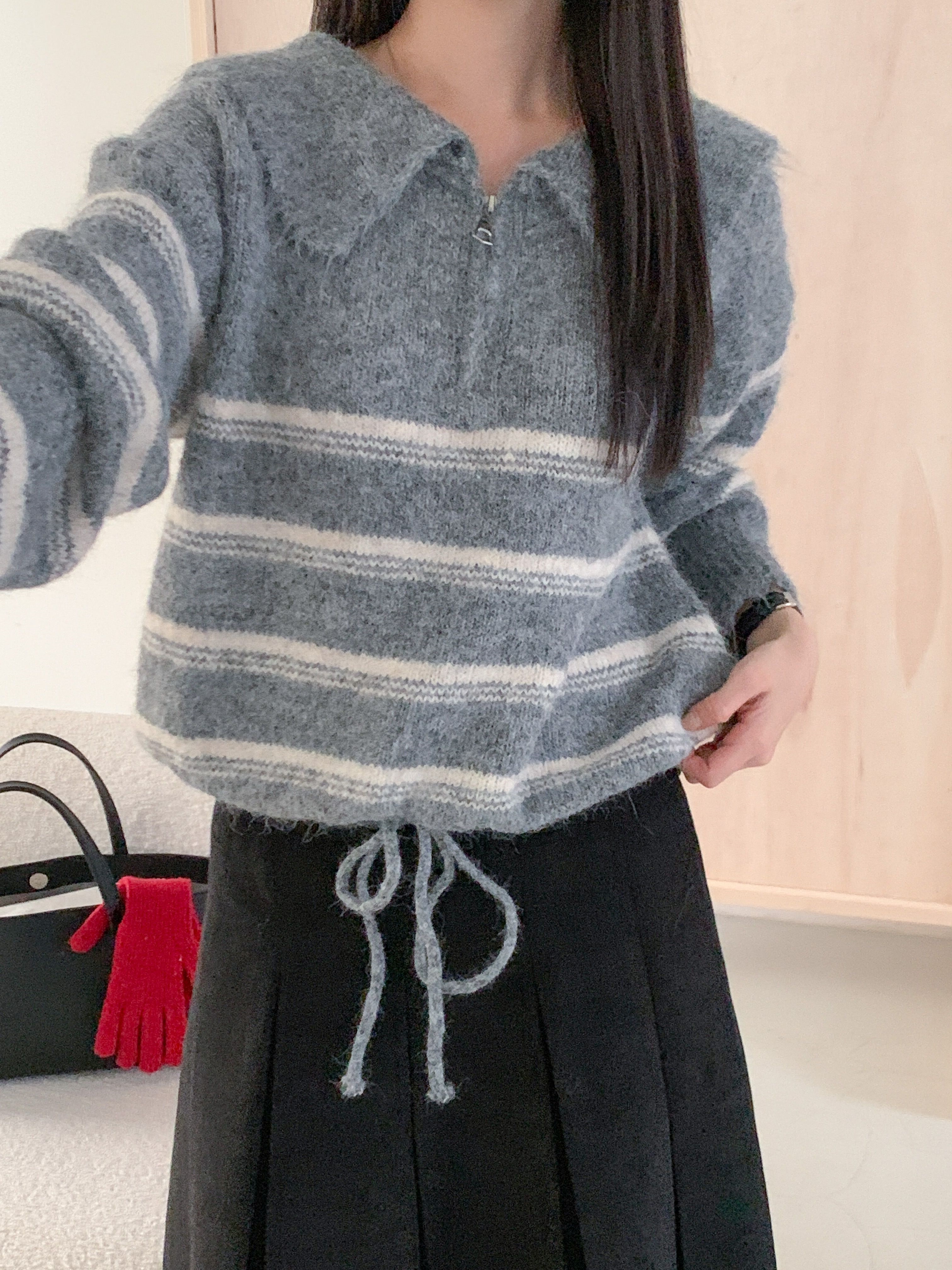 ウール混ハーフジップセーラーカラードローストリングボーダーカラーニット | 詳細画像20