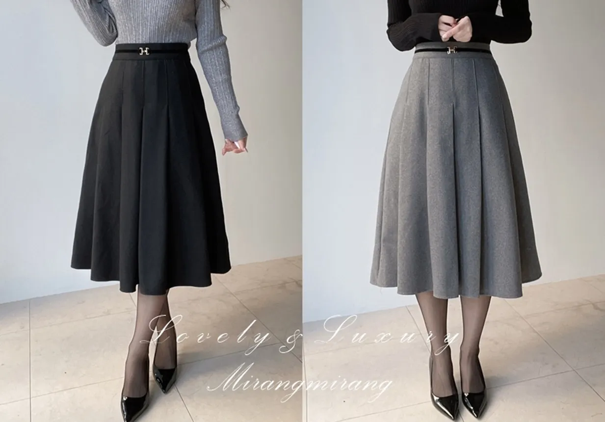 ウール混ベルトプリーツバックゴムサイドジップスカート | mirangmirang | 詳細画像1