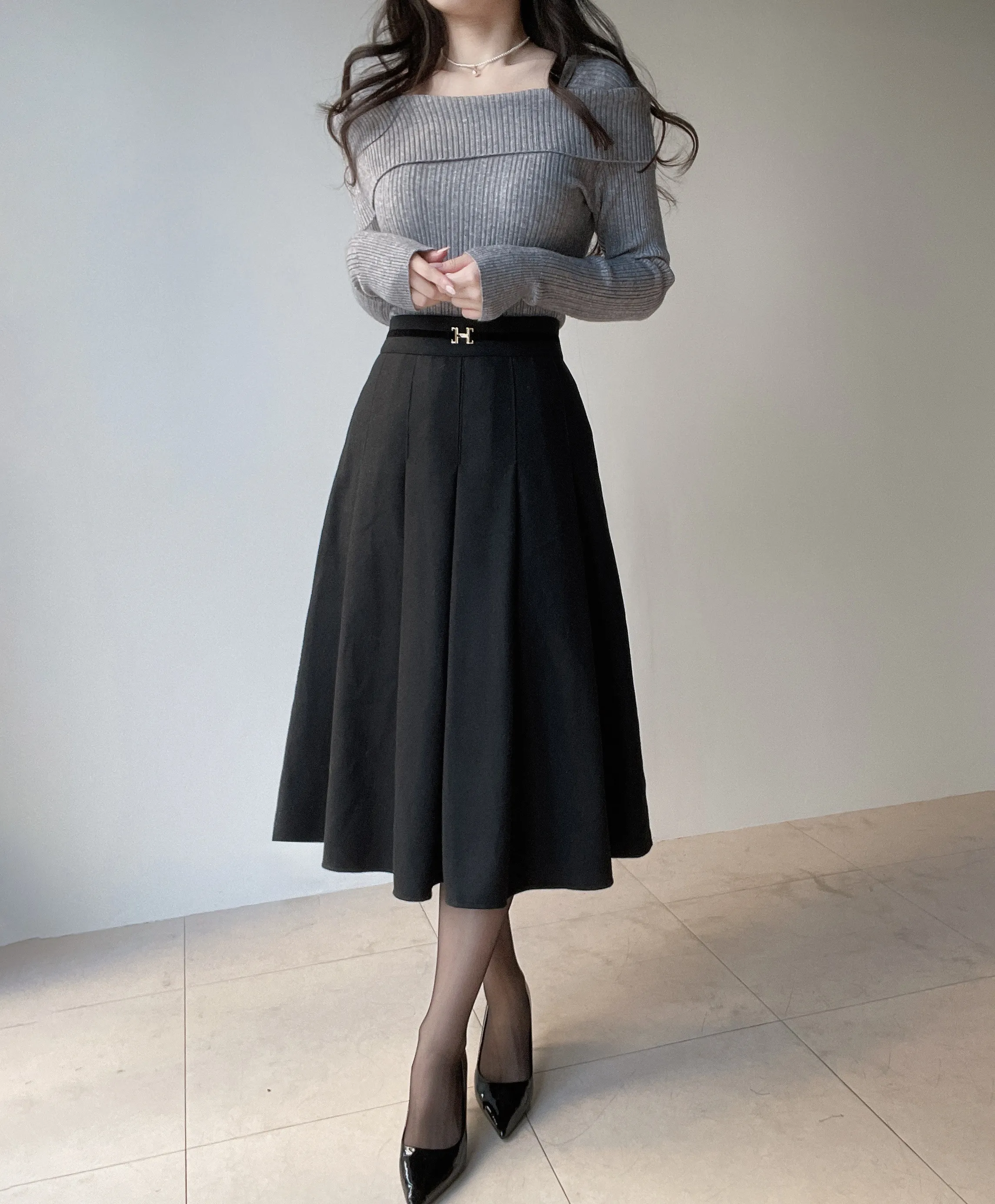 ウール混ベルトプリーツバックゴムサイドジップスカート | mirangmirang | 詳細画像3