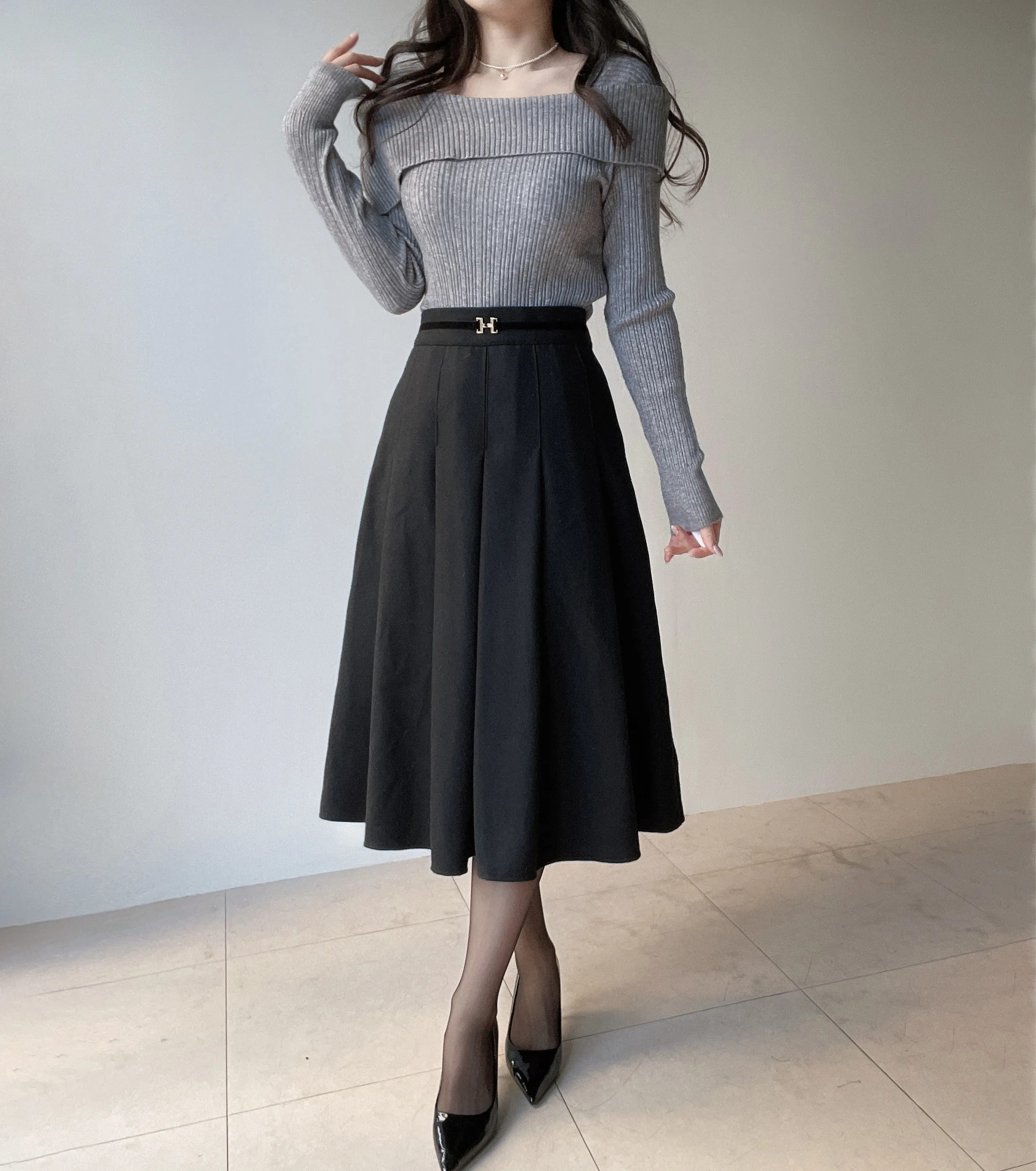 ウール混ベルトプリーツバックゴムサイドジップスカート | mirangmirang | 詳細画像4