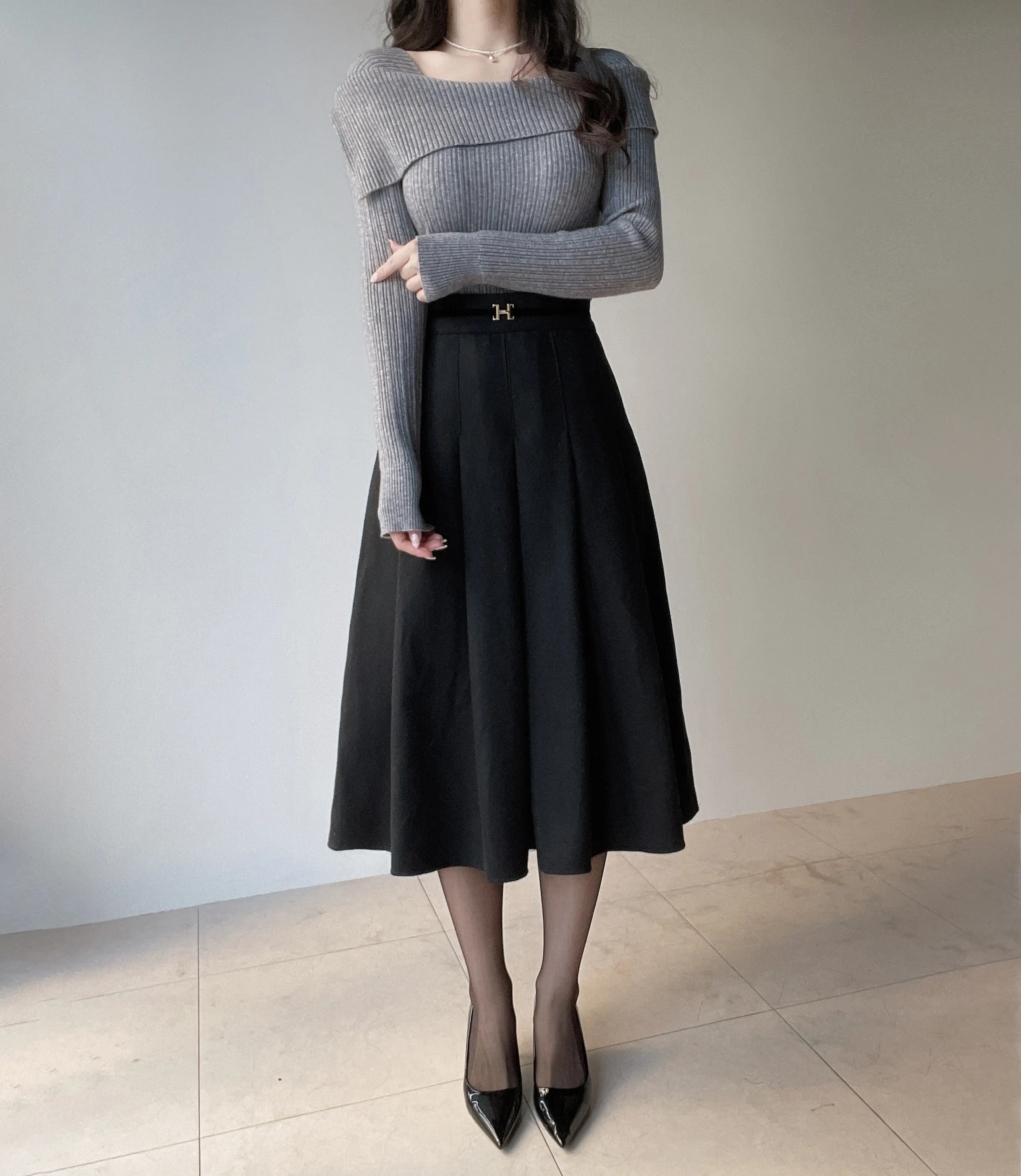 ウール混ベルトプリーツバックゴムサイドジップスカート | mirangmirang | 詳細画像5