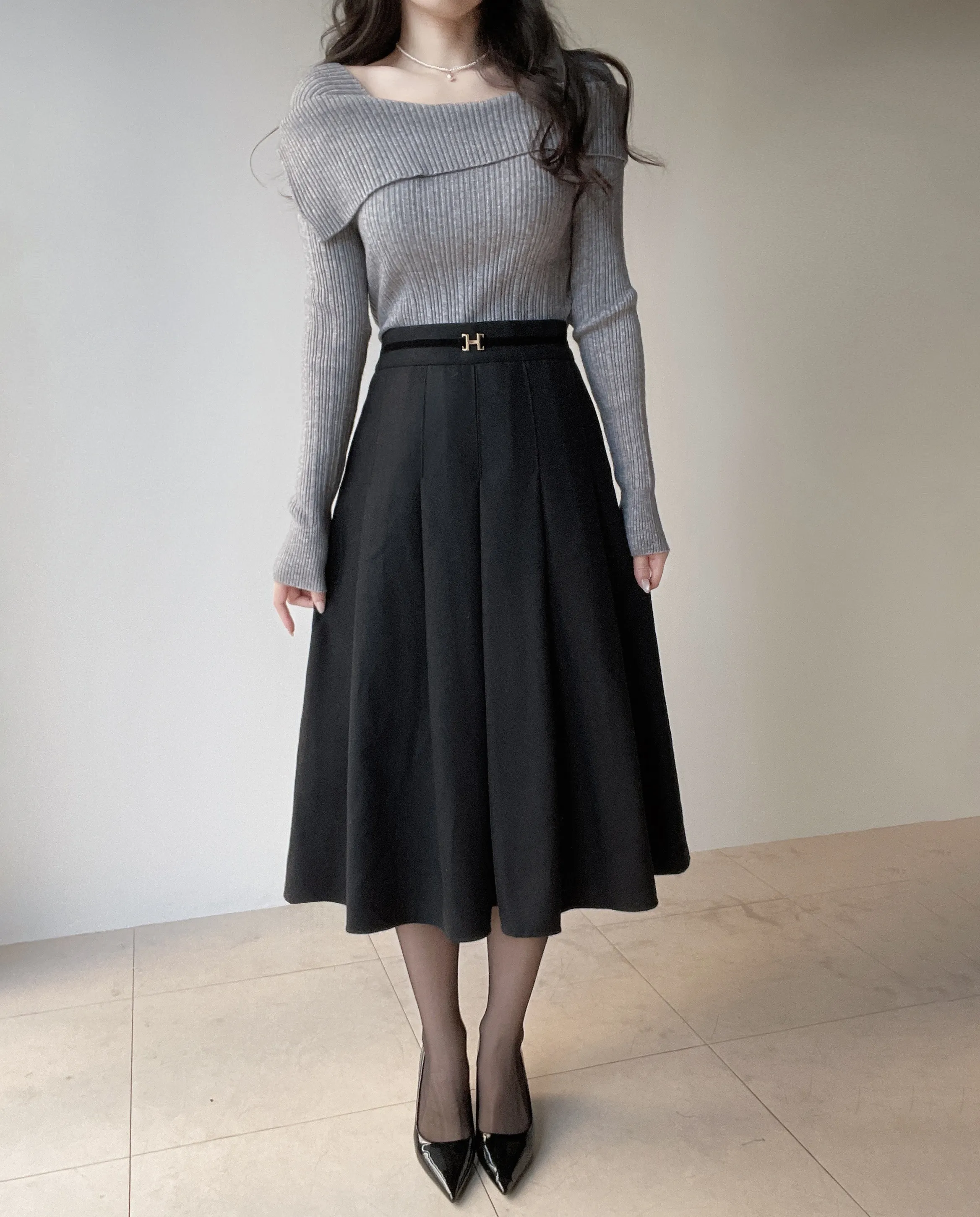 ウール混ベルトプリーツバックゴムサイドジップスカート | mirangmirang | 詳細画像8