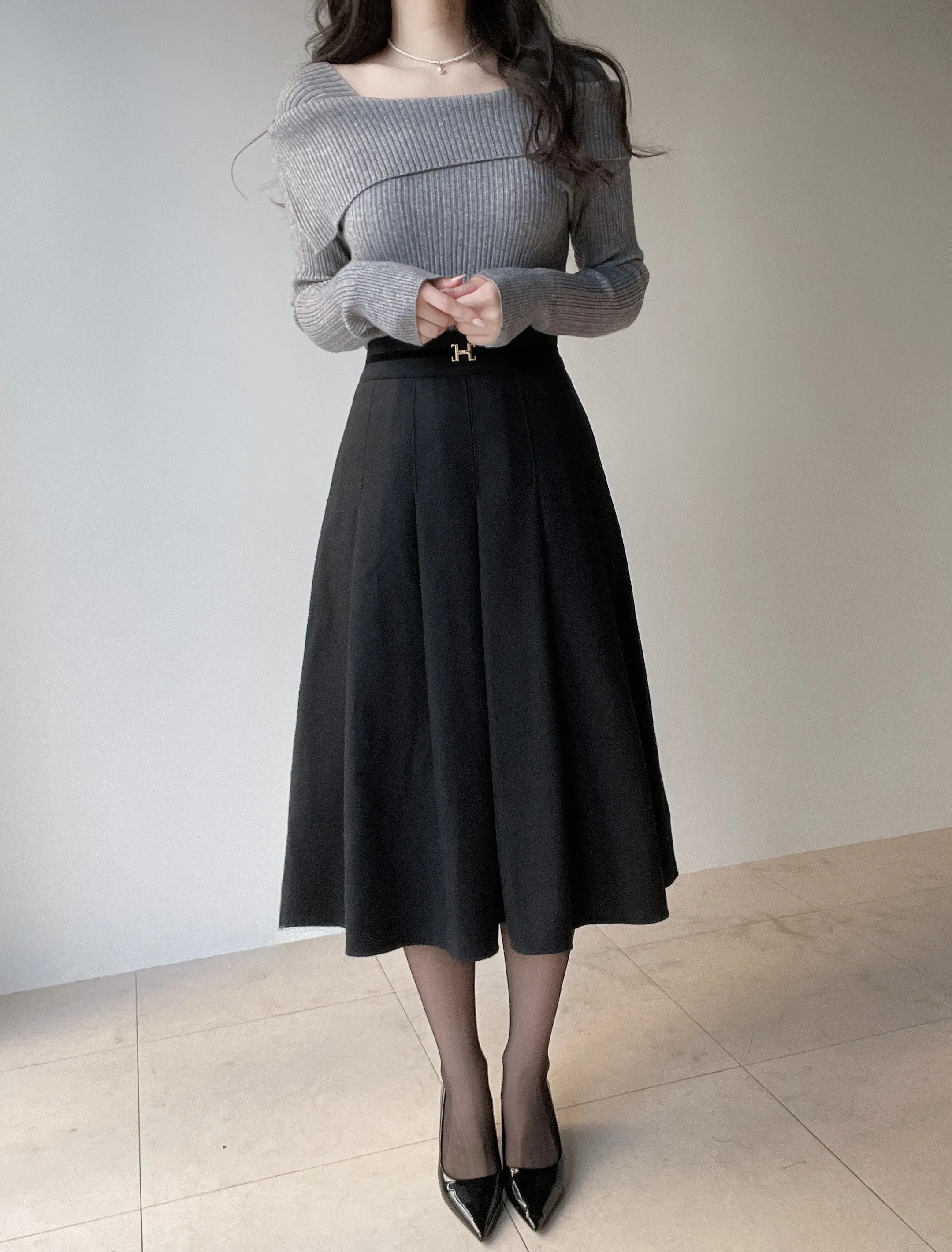 ウール混ベルトプリーツバックゴムサイドジップスカート | mirangmirang | 詳細画像9