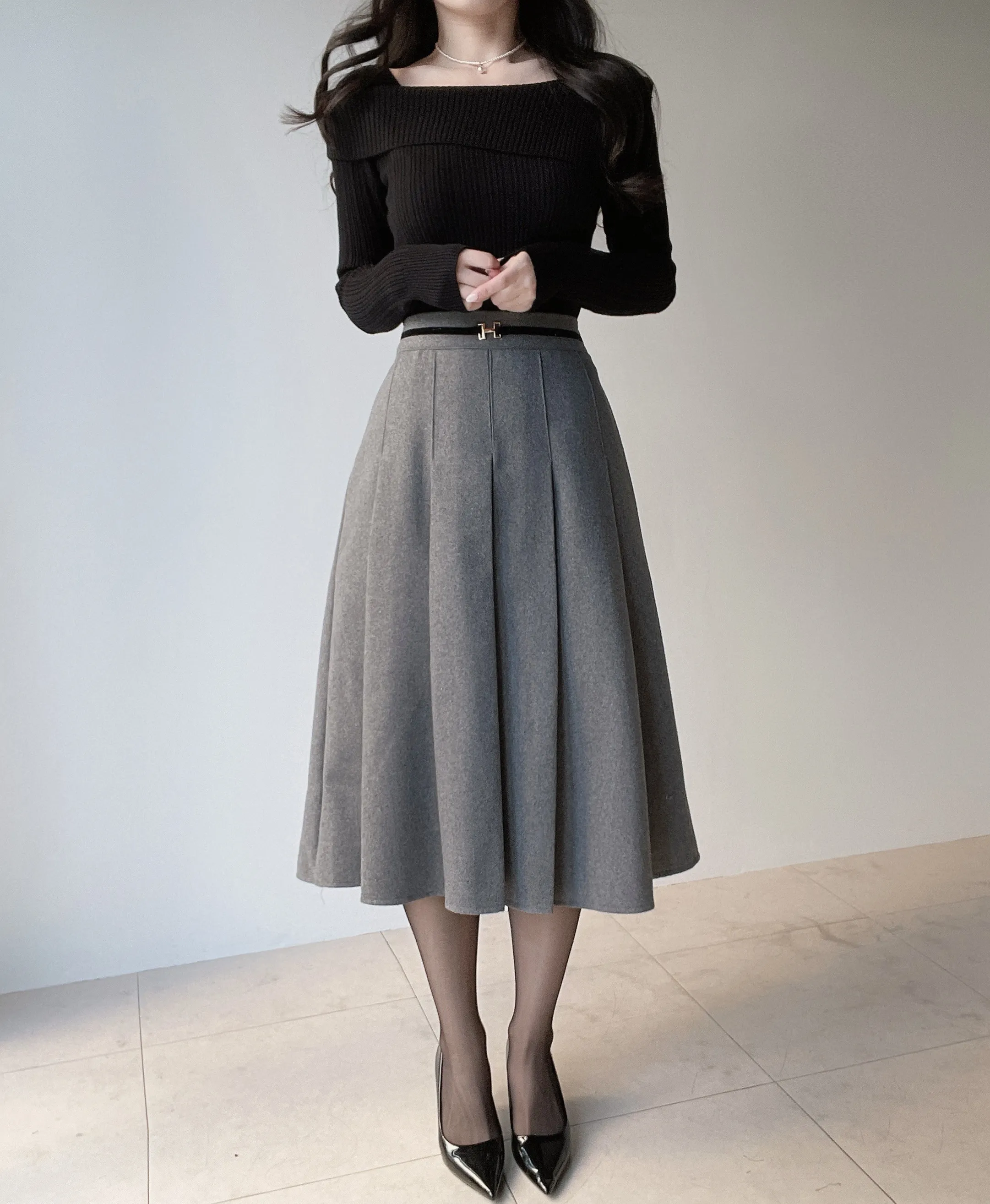 ウール混ベルトプリーツバックゴムサイドジップスカート | mirangmirang | 詳細画像13