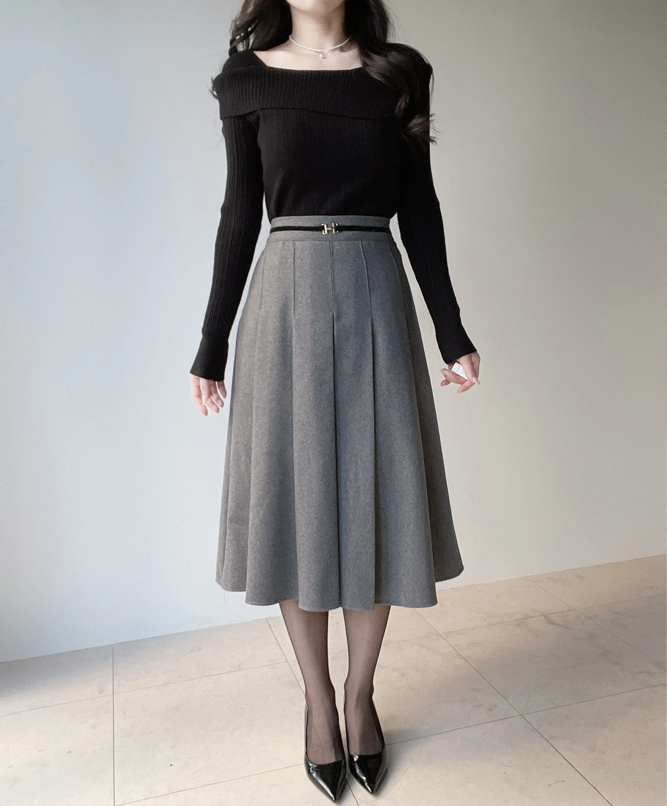 ウール混ベルトプリーツバックゴムサイドジップスカート | mirangmirang | 詳細画像16