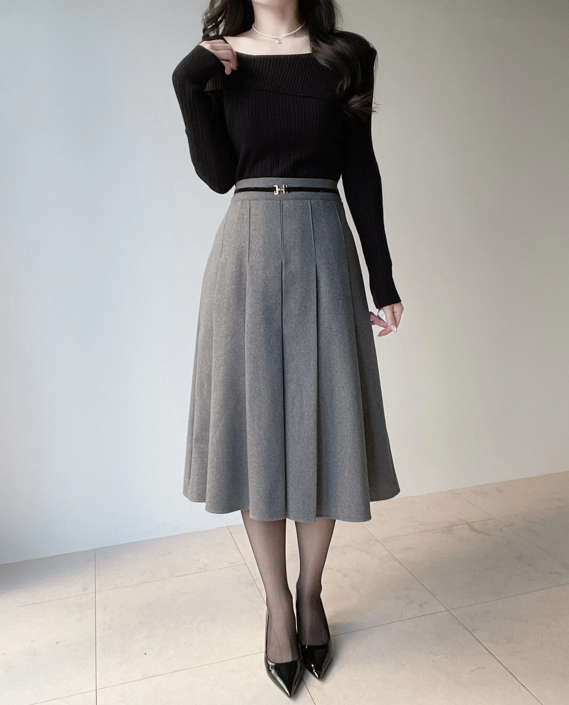 ウール混ベルトプリーツバックゴムサイドジップスカート | mirangmirang | 詳細画像17