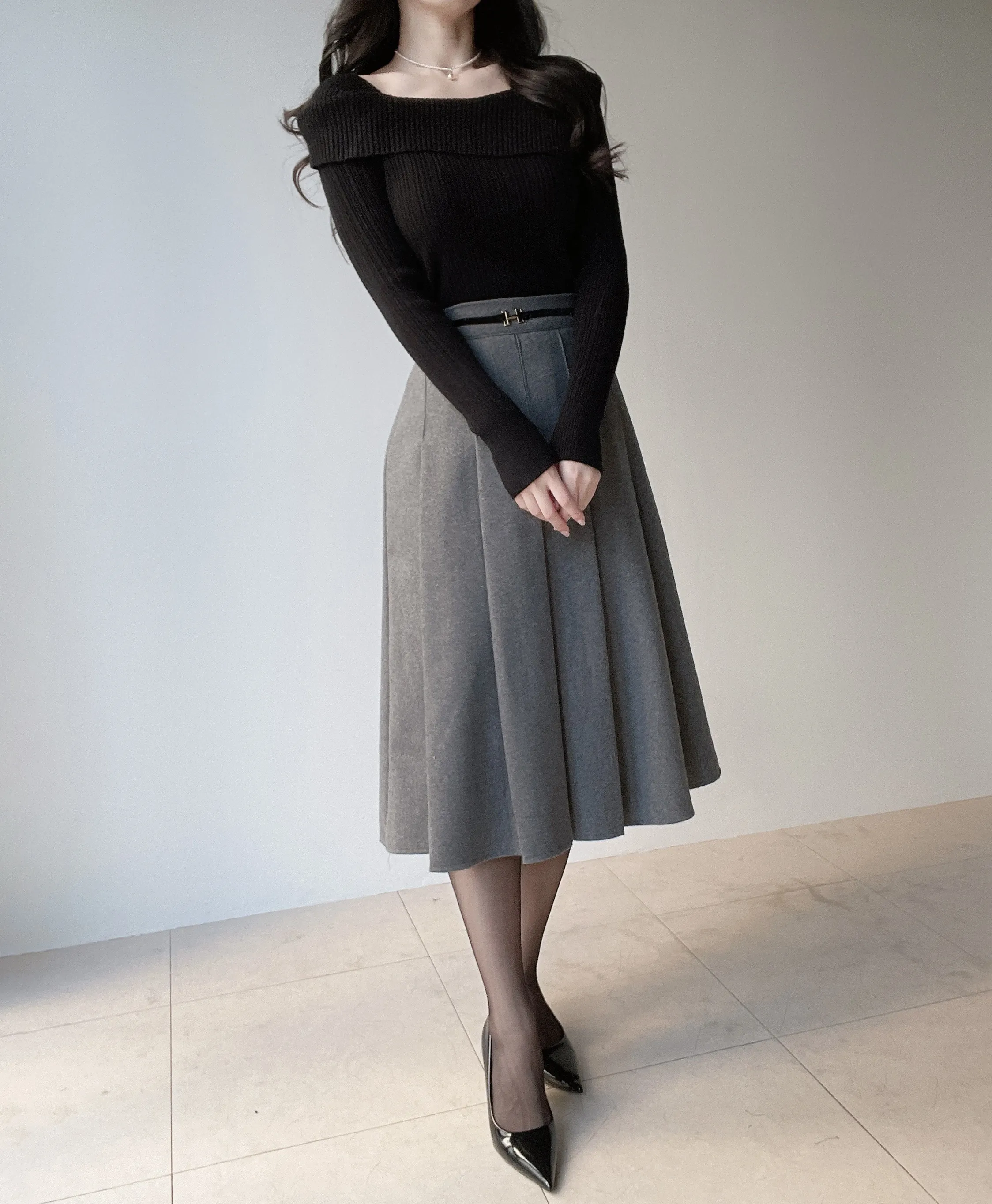 ウール混ベルトプリーツバックゴムサイドジップスカート | mirangmirang | 詳細画像18
