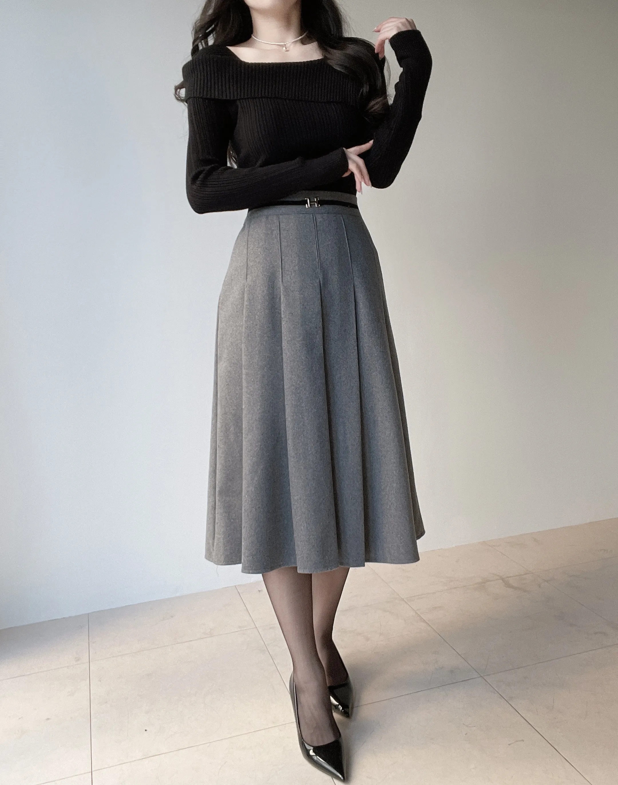 ウール混ベルトプリーツバックゴムサイドジップスカート | mirangmirang | 詳細画像19