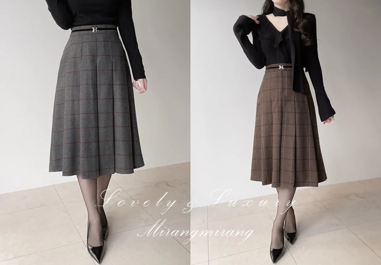 ウール混プリーツベルトサイドジップバックゴムチェックスカート | mirangmirang | 詳細画像1