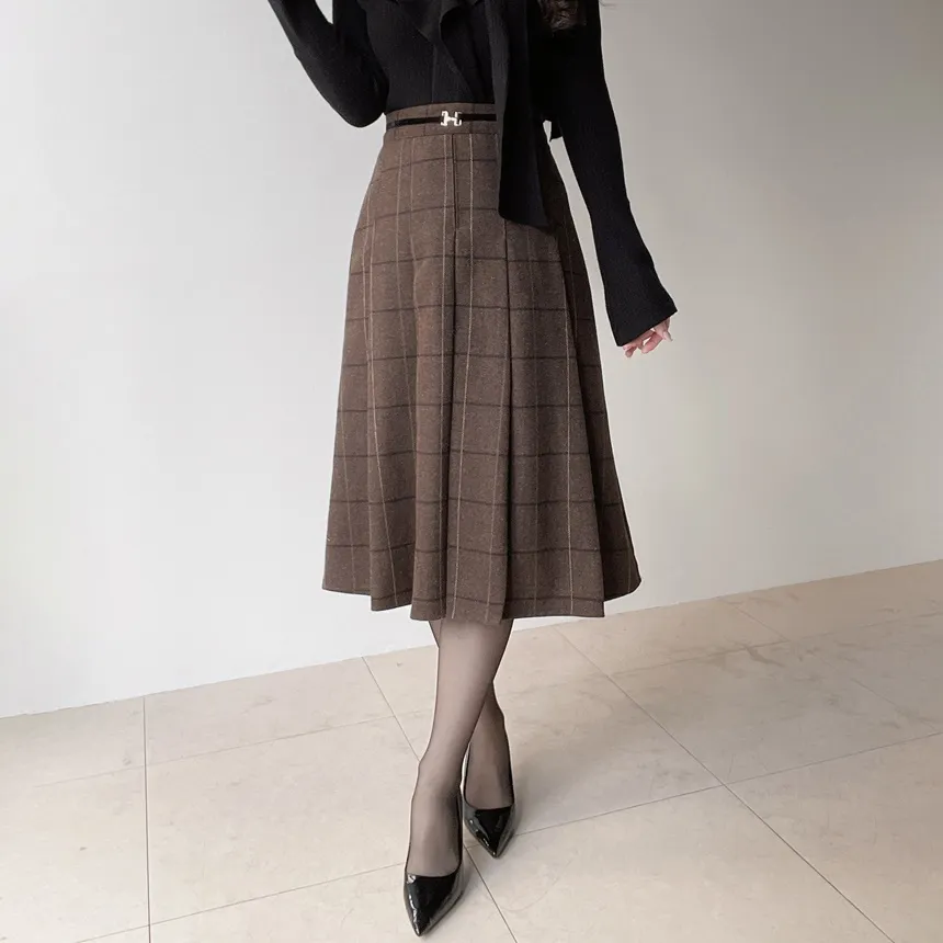 ウール混プリーツベルトサイドジップバックゴムチェックスカート | mirangmirang | 詳細画像2
