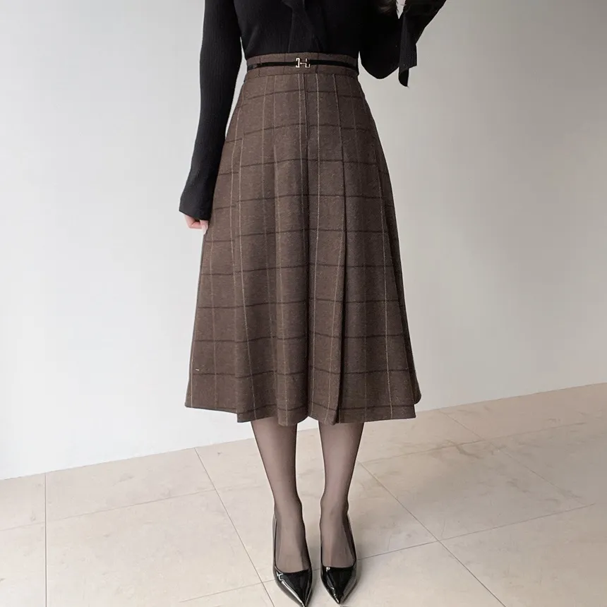 ウール混プリーツベルトサイドジップバックゴムチェックスカート | mirangmirang | 詳細画像3