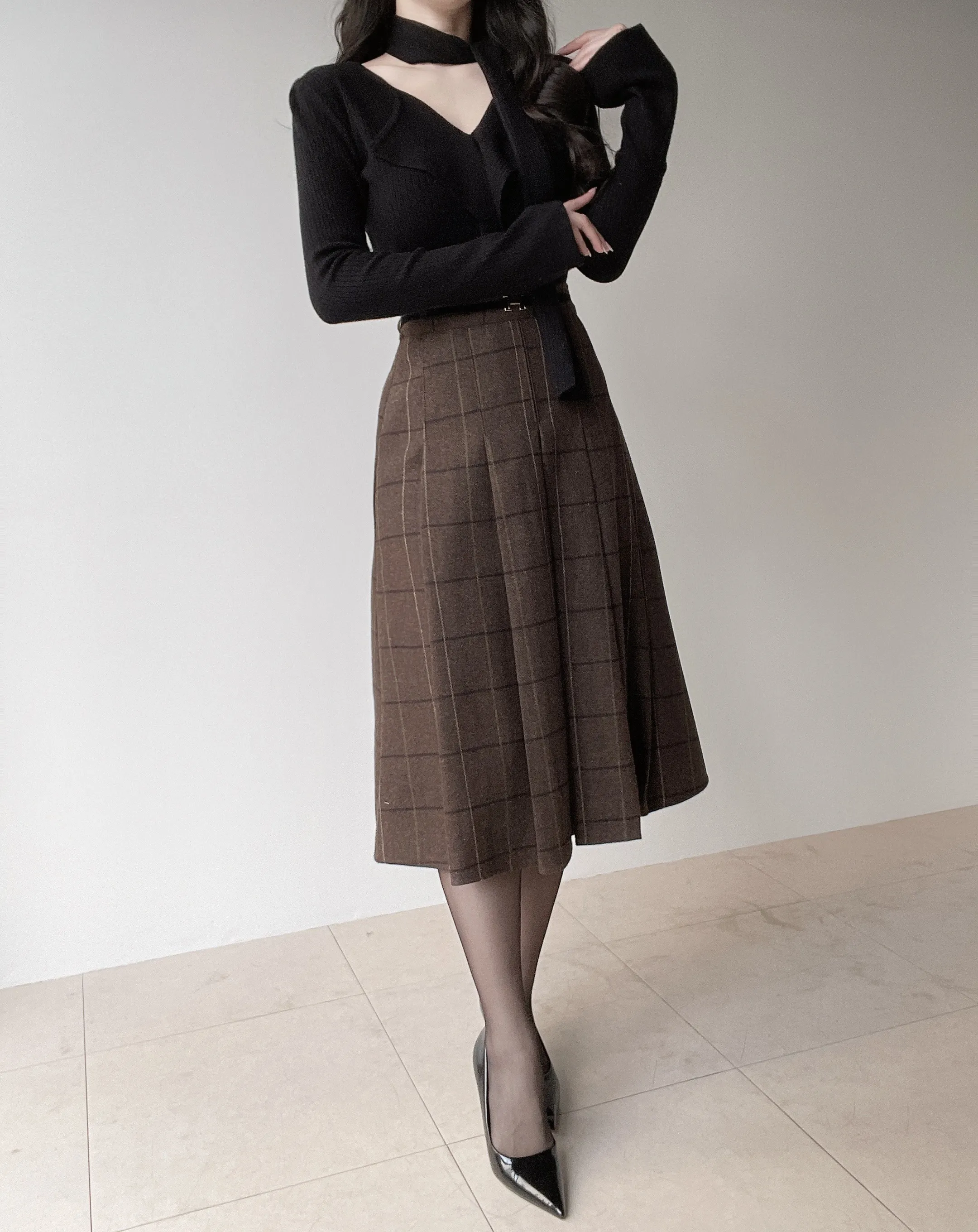 ウール混プリーツベルトサイドジップバックゴムチェックスカート | mirangmirang | 詳細画像5