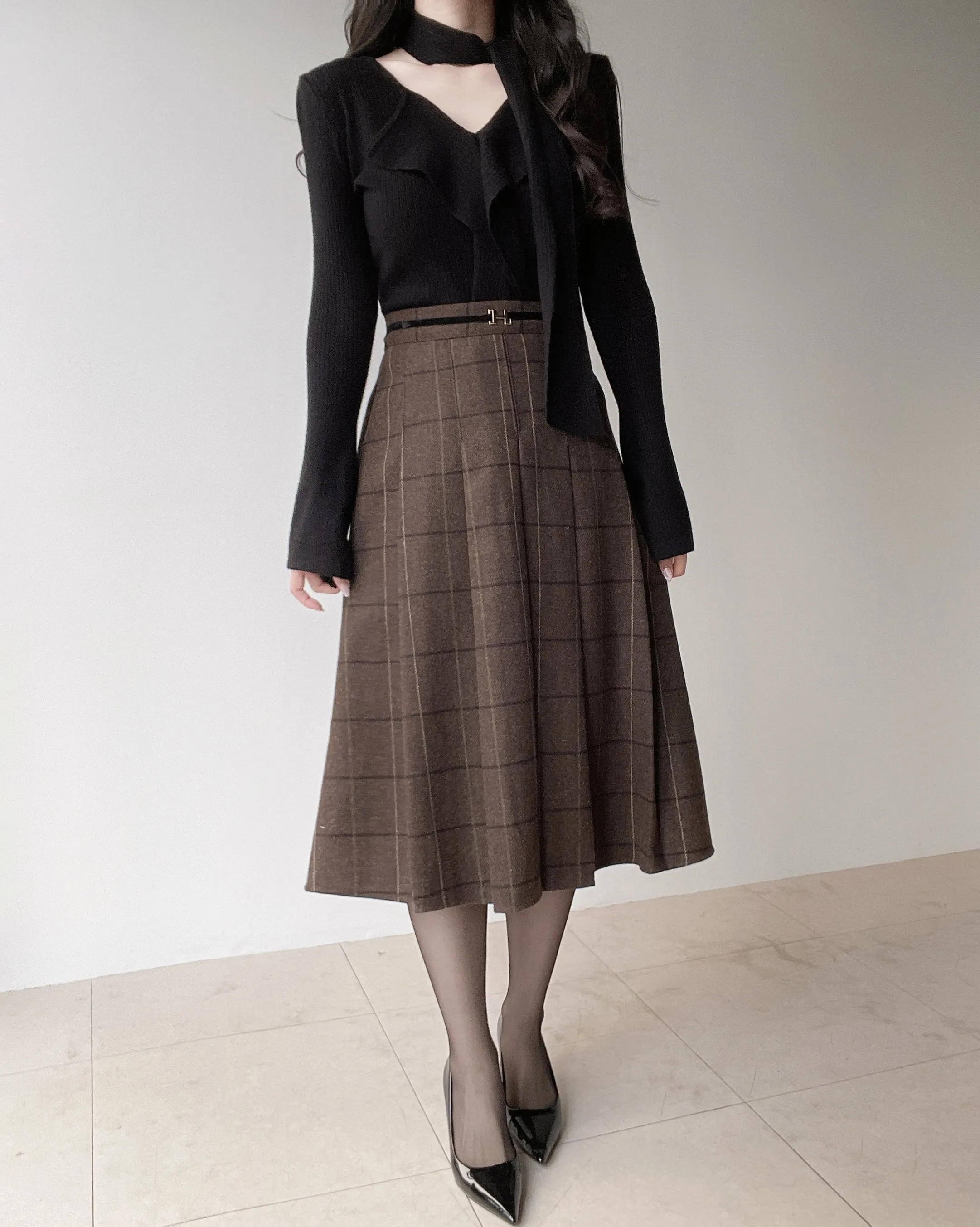 ウール混プリーツベルトサイドジップバックゴムチェックスカート | mirangmirang | 詳細画像9