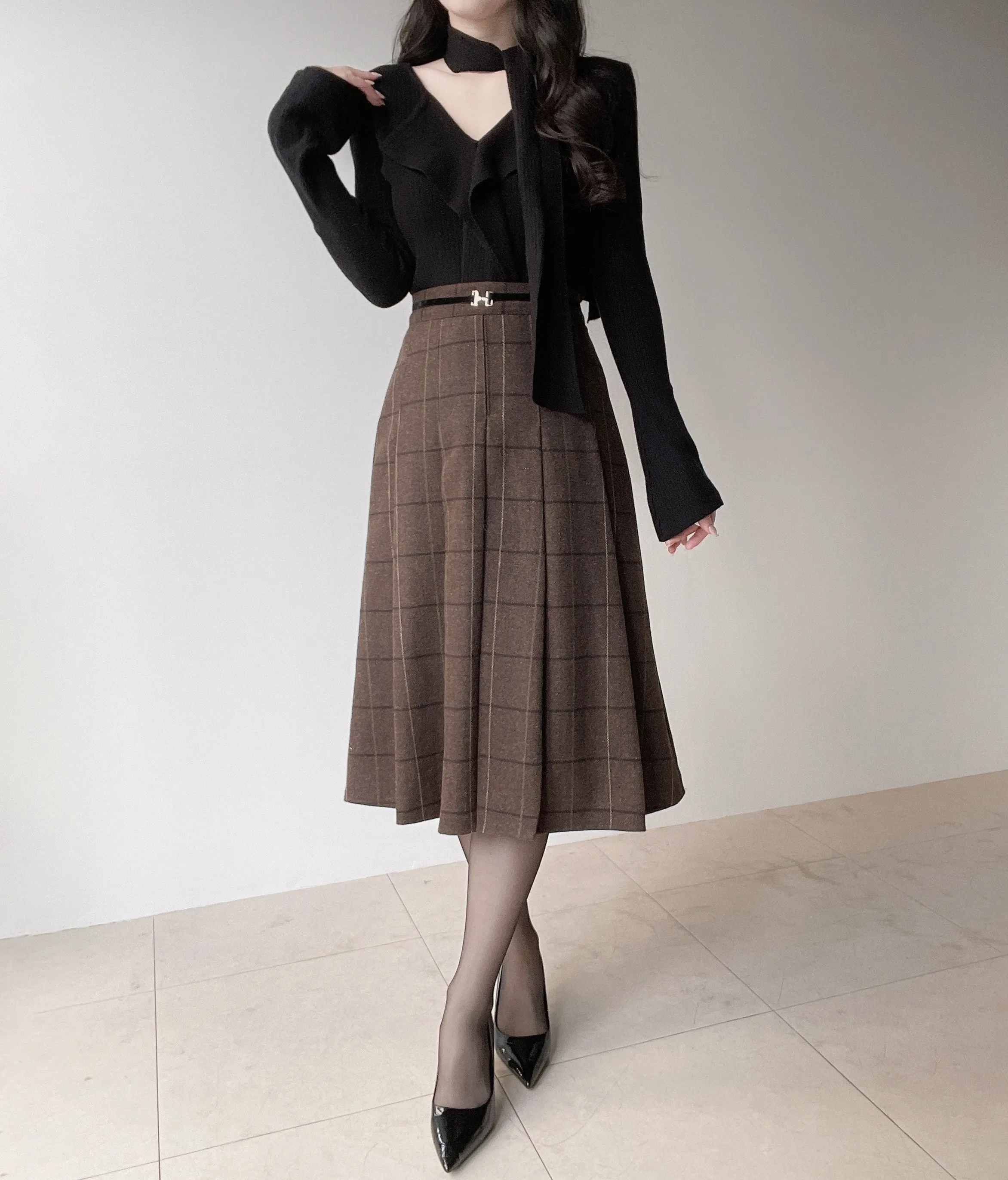 ウール混プリーツベルトサイドジップバックゴムチェックスカート | mirangmirang | 詳細画像10
