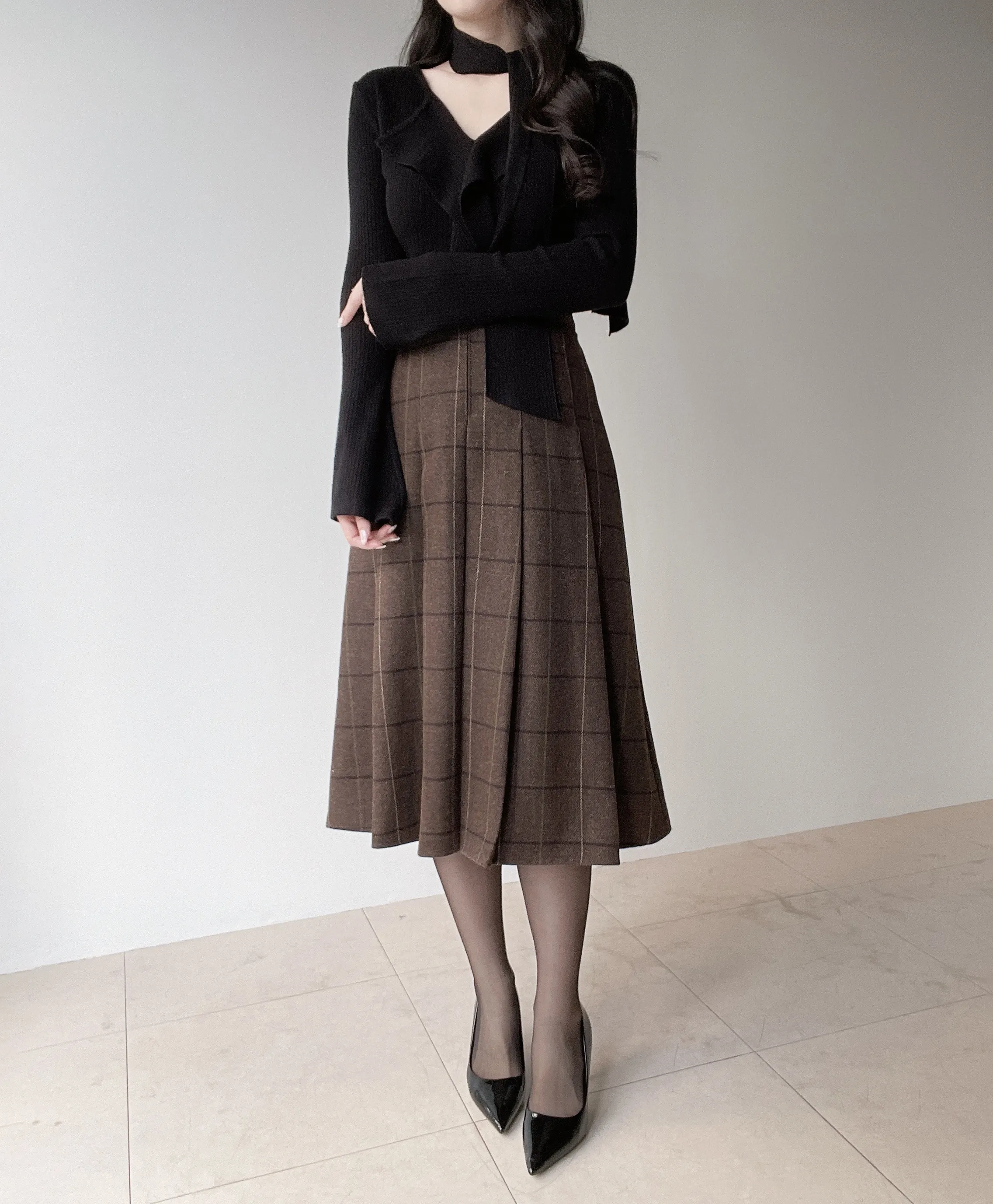ウール混プリーツベルトサイドジップバックゴムチェックスカート | mirangmirang | 詳細画像11
