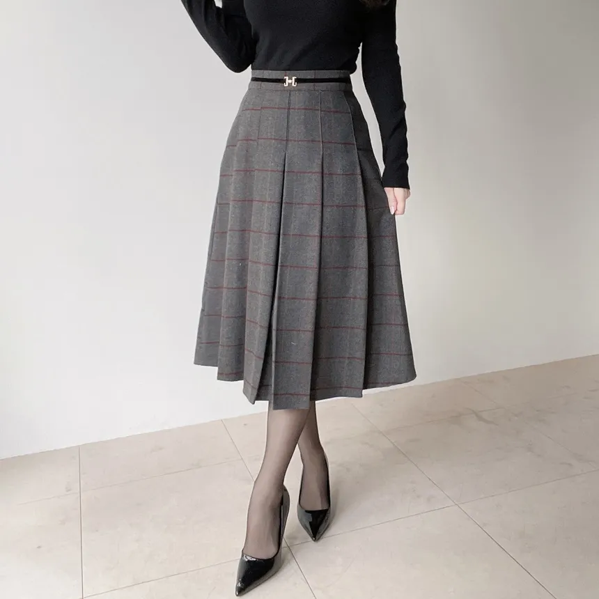 ウール混プリーツベルトサイドジップバックゴムチェックスカート | mirangmirang | 詳細画像12