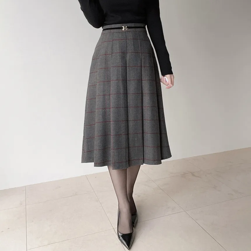 ウール混プリーツベルトサイドジップバックゴムチェックスカート | mirangmirang | 詳細画像13