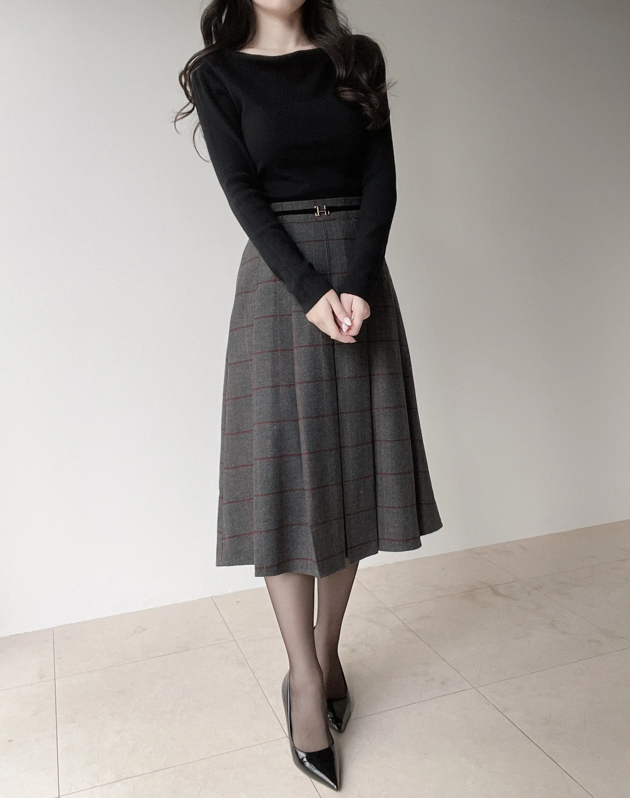 ウール混プリーツベルトサイドジップバックゴムチェックスカート | mirangmirang | 詳細画像14