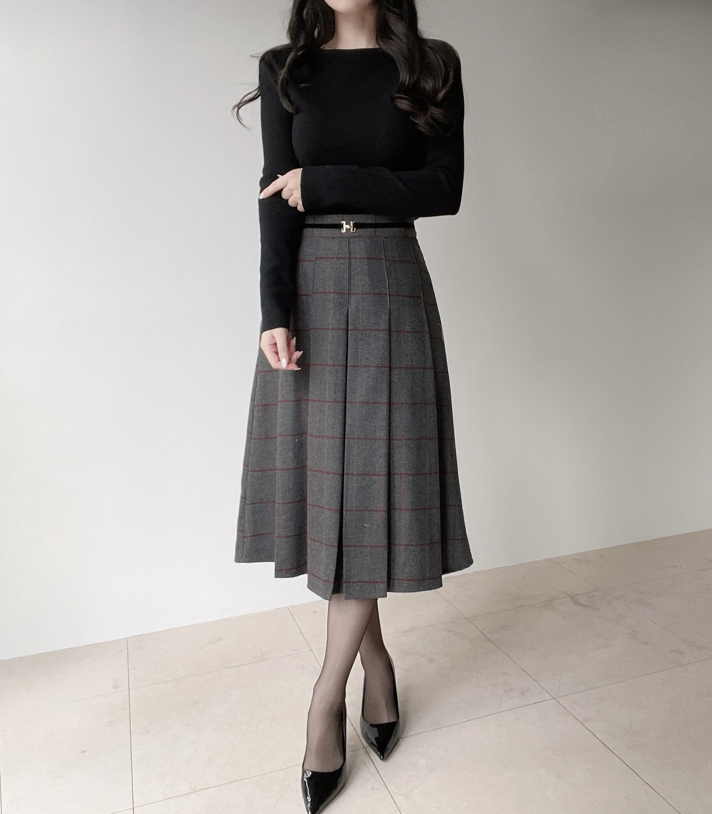 ウール混プリーツベルトサイドジップバックゴムチェックスカート | mirangmirang | 詳細画像17