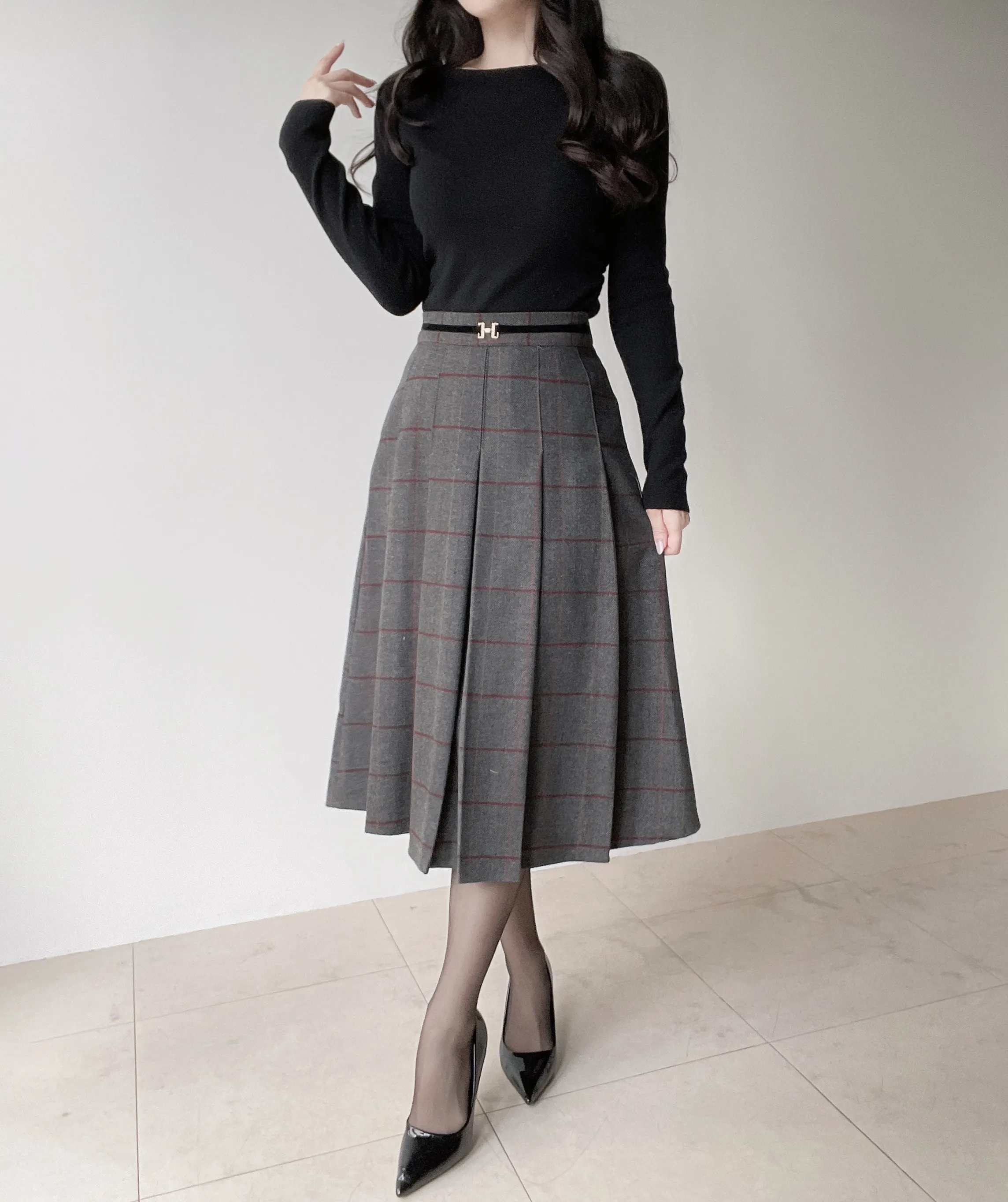 ウール混プリーツベルトサイドジップバックゴムチェックスカート | mirangmirang | 詳細画像18