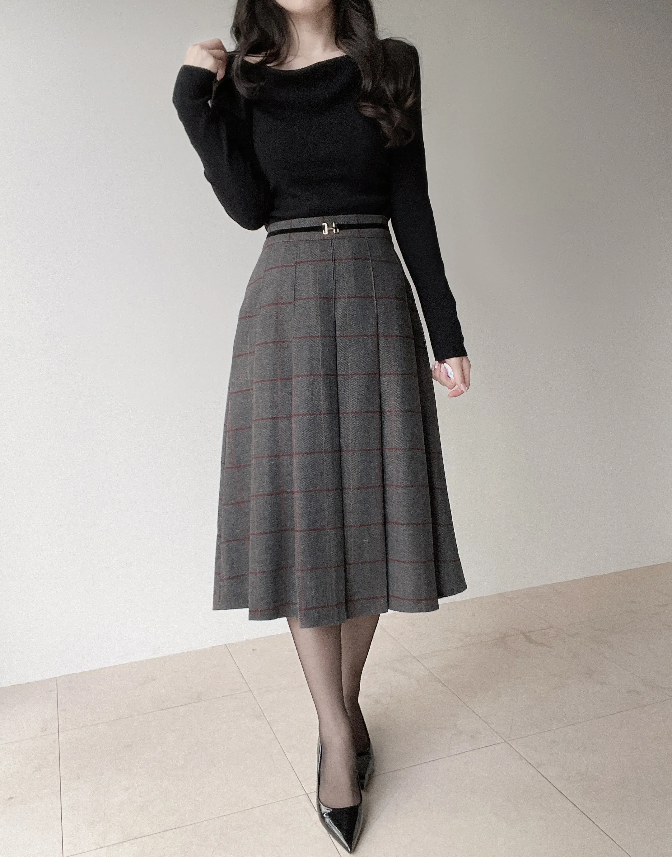 ウール混プリーツベルトサイドジップバックゴムチェックスカート | mirangmirang | 詳細画像19