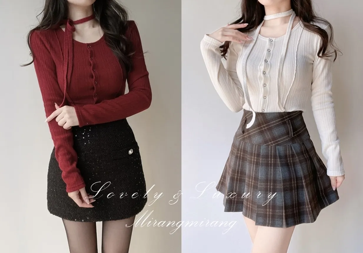 リブラウンドネックボタンスリムTシャツストラップ付 | mirangmirang | 詳細画像1