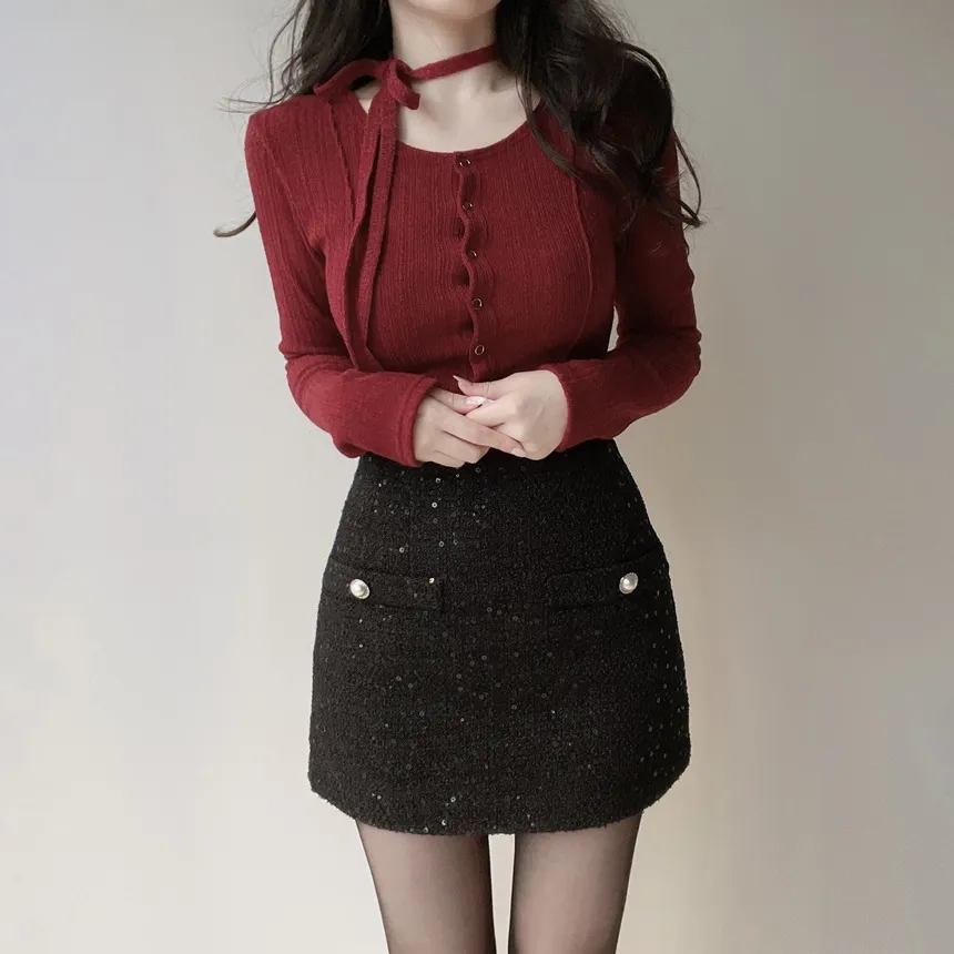 リブラウンドネックボタンスリムTシャツストラップ付 | mirangmirang | 詳細画像4