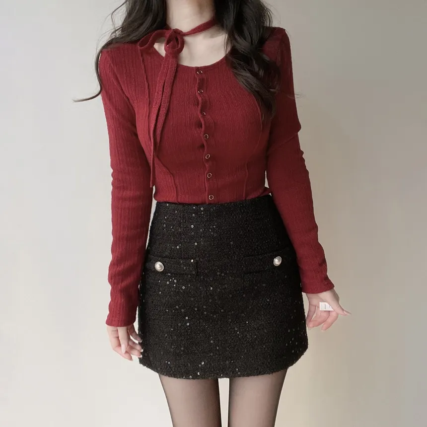 リブラウンドネックボタンスリムTシャツストラップ付 | mirangmirang | 詳細画像6