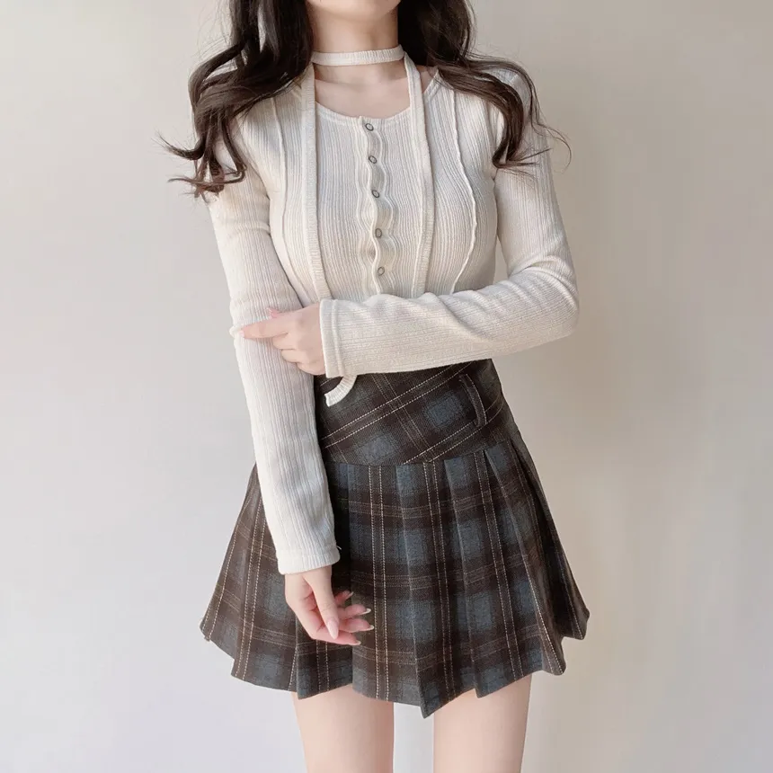 リブラウンドネックボタンスリムTシャツストラップ付 | mirangmirang | 詳細画像20