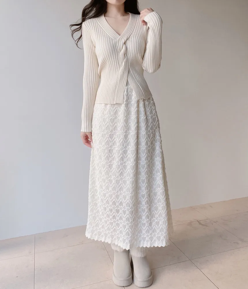 リブツイストVネックスリムスリットニット | mirangmirang | 詳細画像6