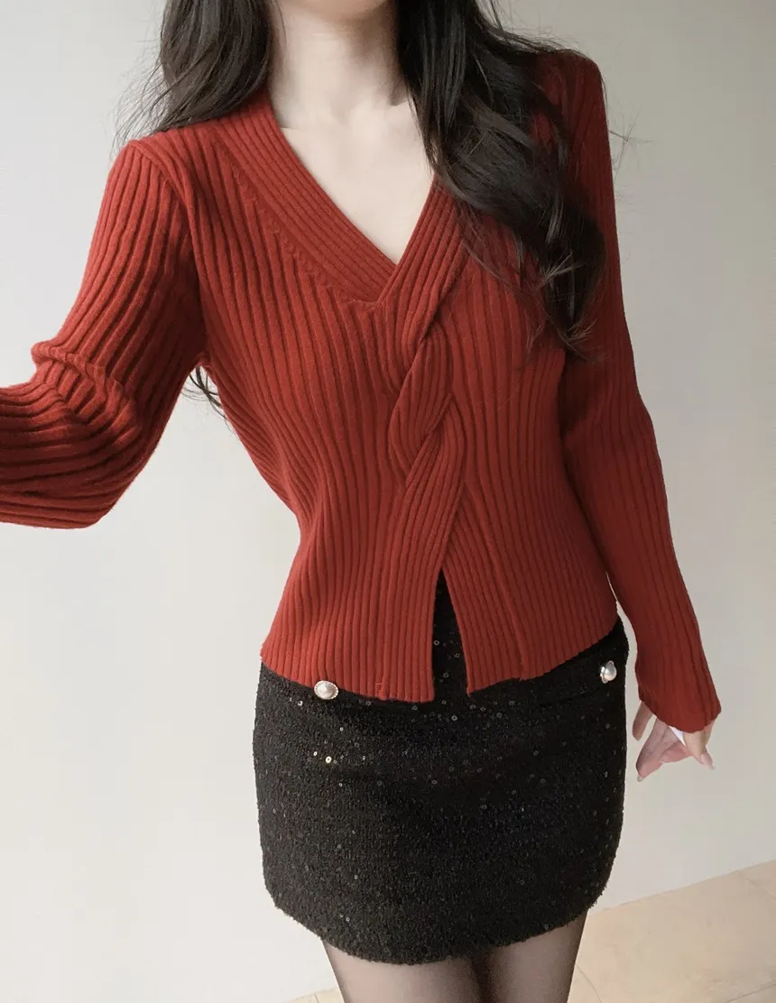 リブツイストVネックスリムスリットニット | mirangmirang | 詳細画像30