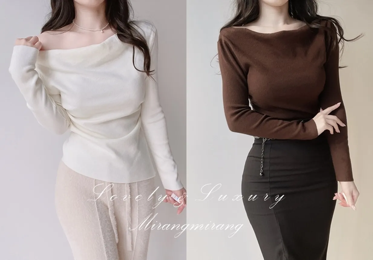 シャーリングボートネックワンショルダーアンバランススリットTシャツ | mirangmirang | 詳細画像1