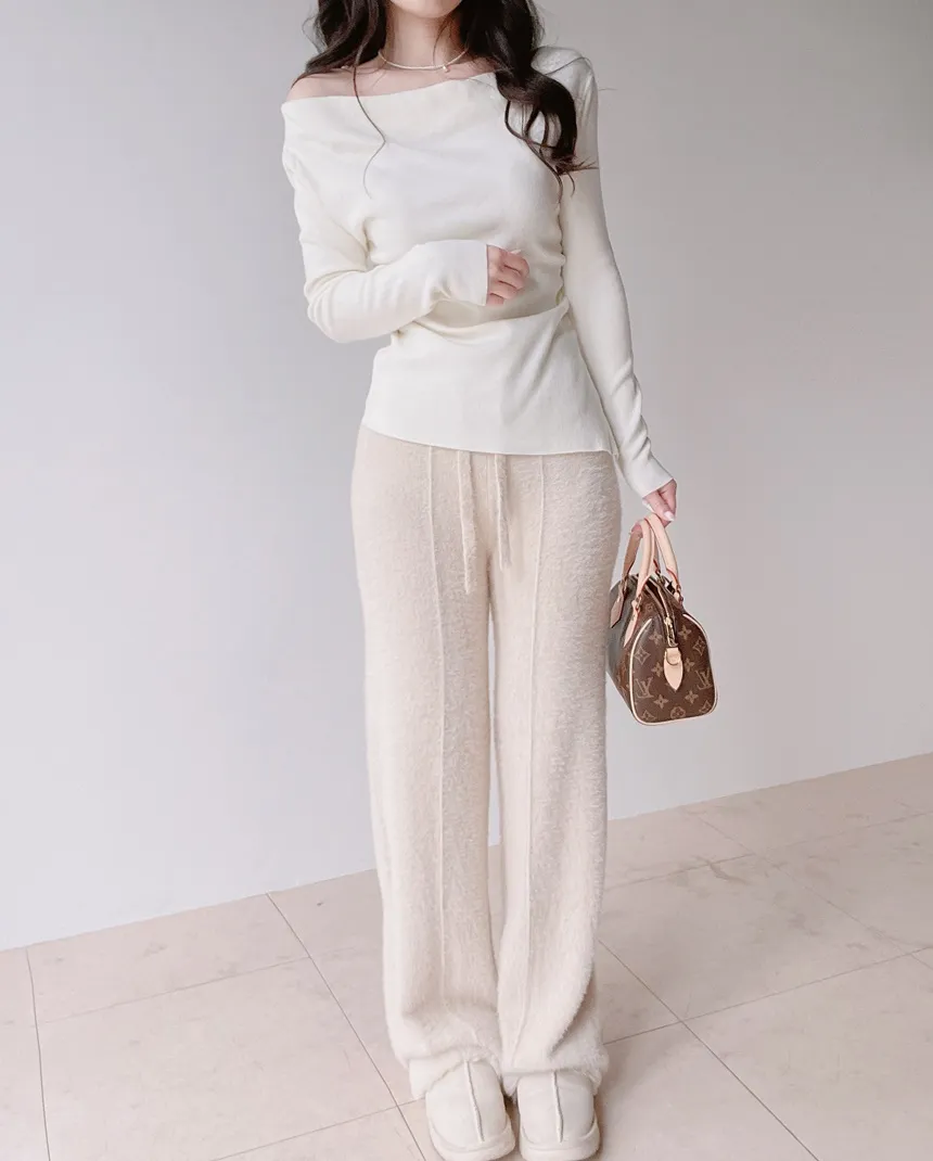 シャーリングボートネックワンショルダーアンバランススリットTシャツ | mirangmirang | 詳細画像5