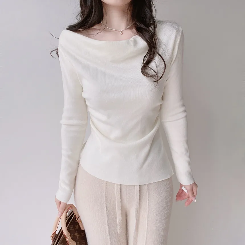 シャーリングボートネックワンショルダーアンバランススリットTシャツ | mirangmirang | 詳細画像15