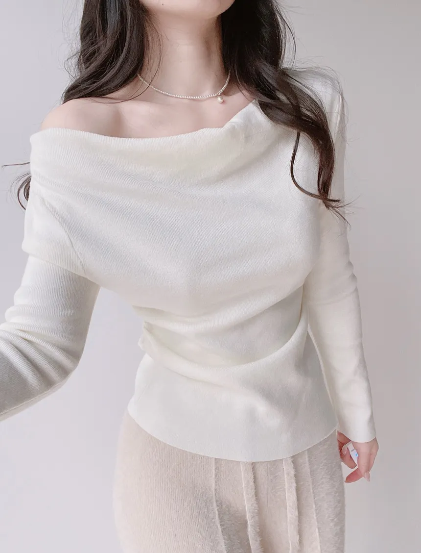 シャーリングボートネックワンショルダーアンバランススリットTシャツ | mirangmirang | 詳細画像19