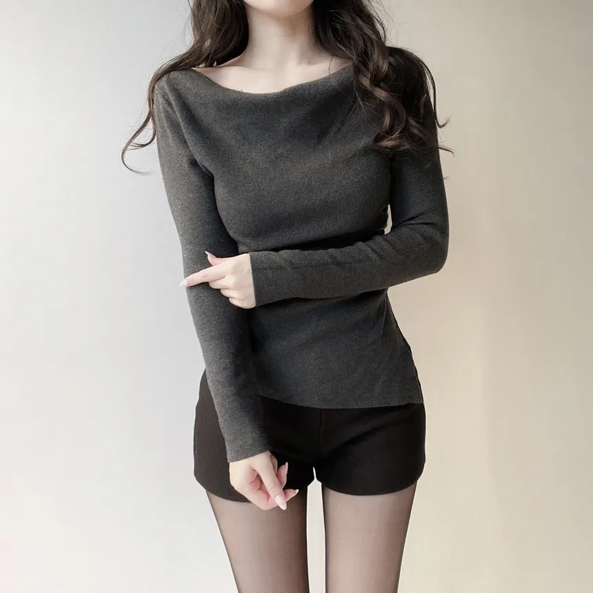 シャーリングボートネックワンショルダーアンバランススリットTシャツ | mirangmirang | 詳細画像20