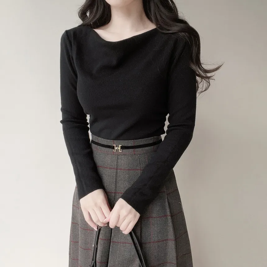 シャーリングボートネックワンショルダーアンバランススリットTシャツ | mirangmirang | 詳細画像29